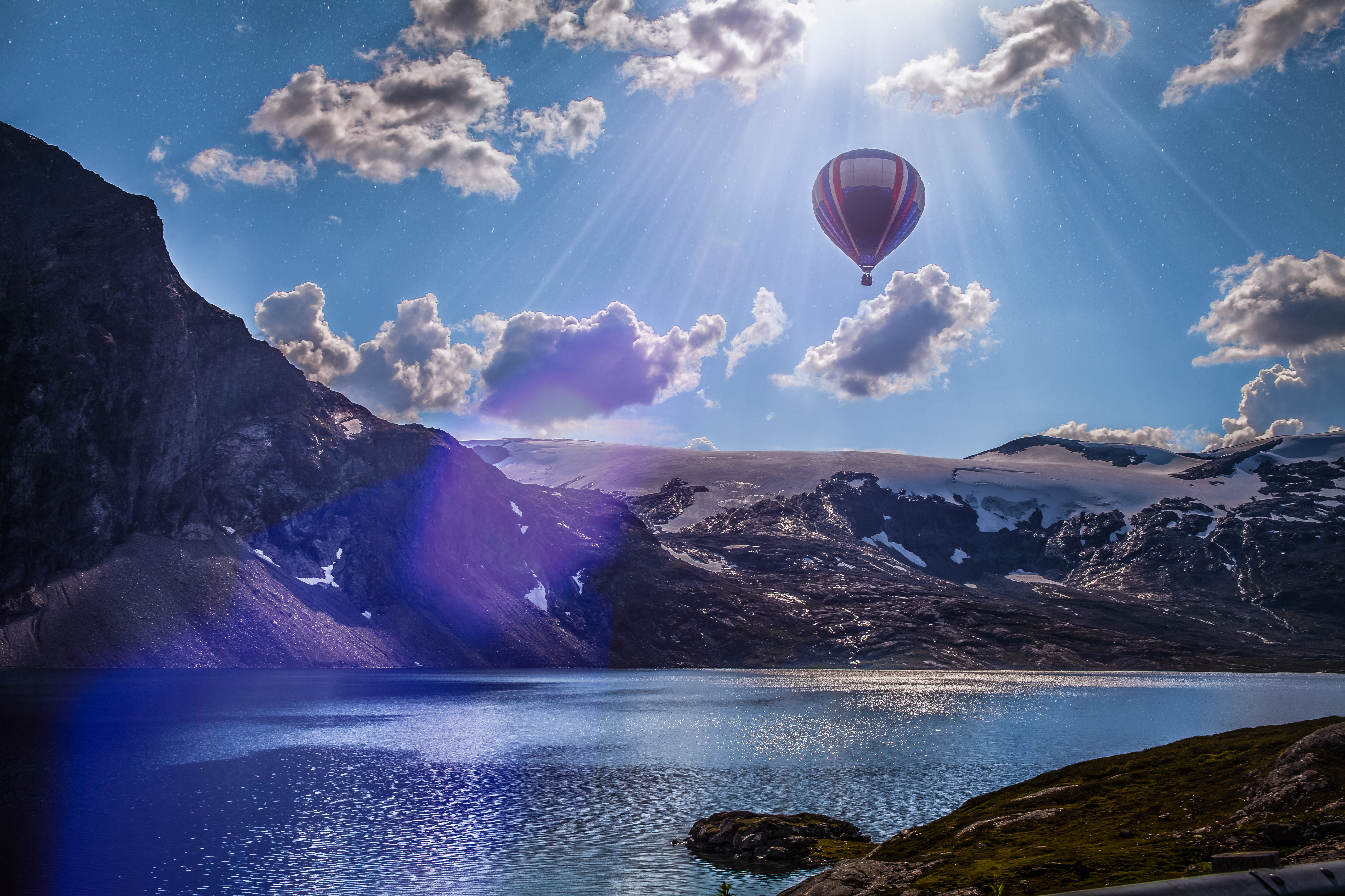 1523453 Hintergrundbild herunterladen norwegen, fahrzeuge, heißluftballon, wolke, skandinavien, sonnenstrahl, sonnenschein - Bildschirmschoner und Bilder kostenlos