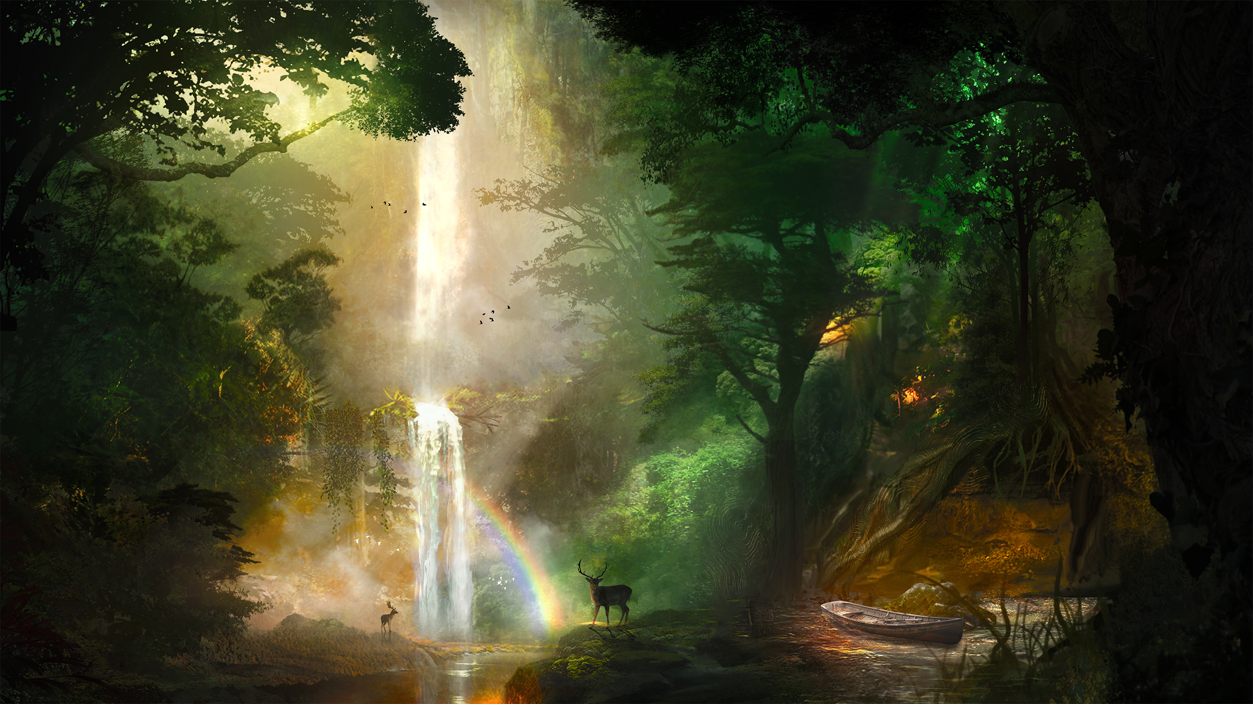 Download mobile wallpaper Nature, Fantasy, Rainbow, Waterfall, Forest, Deer, Fantasy Animals for free.