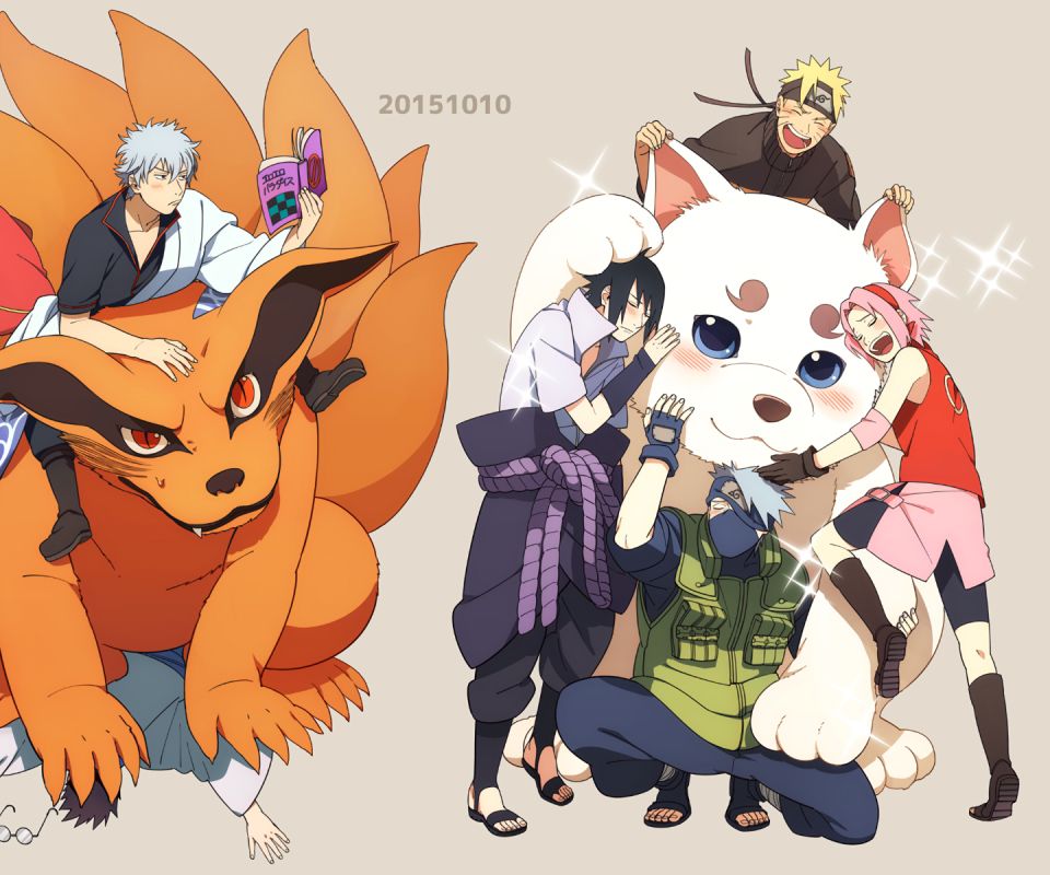 Download mobile wallpaper Anime, Naruto, Crossover, Sasuke Uchiha, Sakura Haruno, Naruto Uzumaki, Kakashi Hatake, Kyūbi (Naruto), Gintama, Gintoki Sakata, Kagura (Gintama), Shimura Shinpachi, Sadaharu (Gintama) for free.