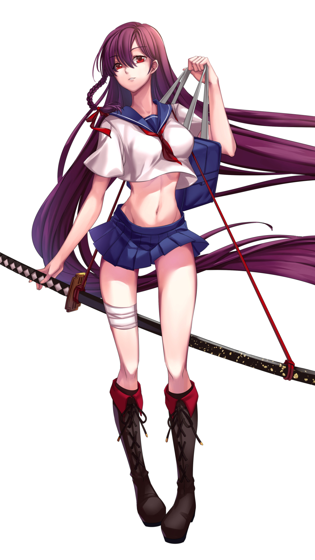 Download mobile wallpaper Anime, Schoolgirl, Original, Katana, School Uniform, Red Eyes, Long Hair for free.