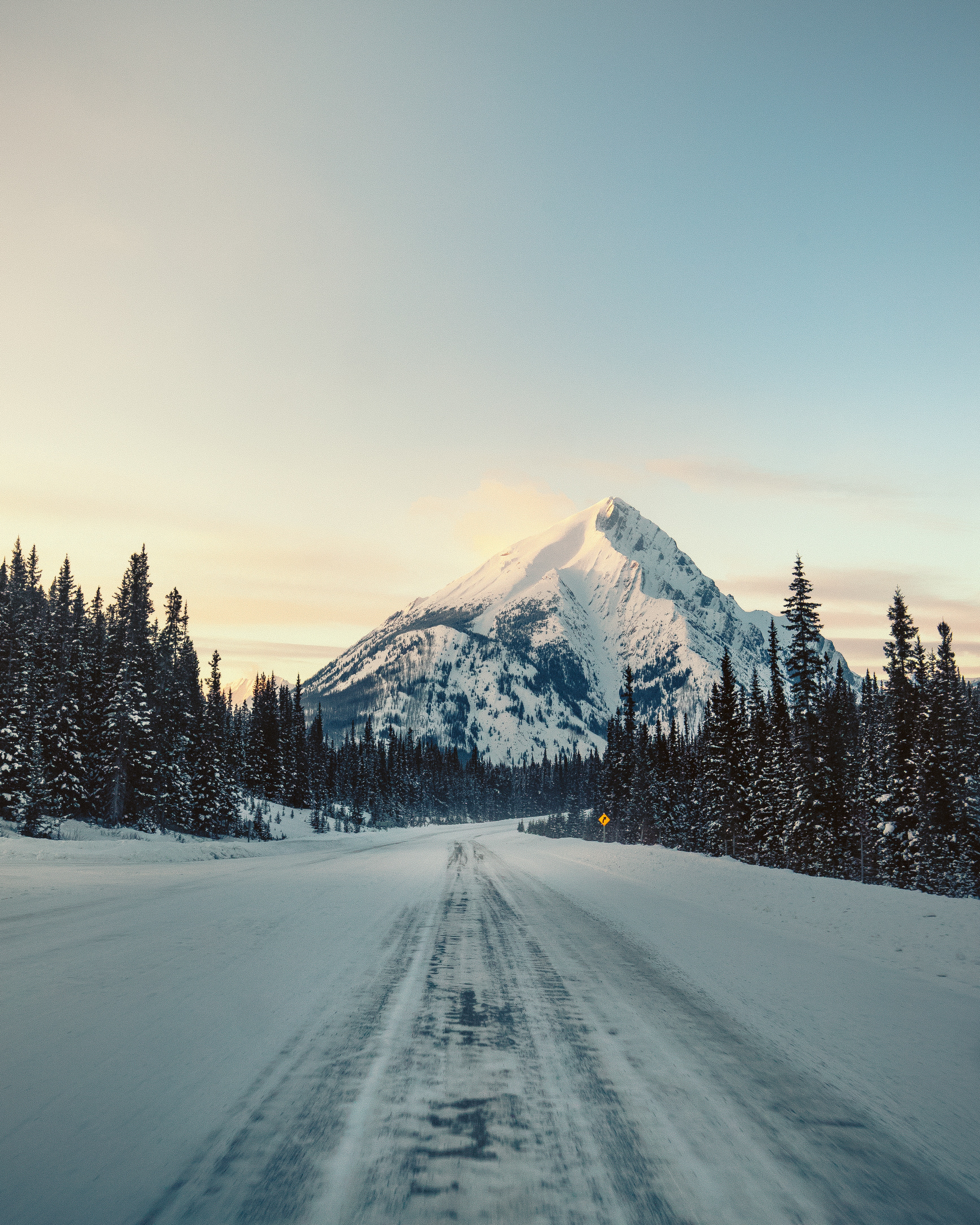 snow, road, landscape, winter, nature, trees, mountain 4K
