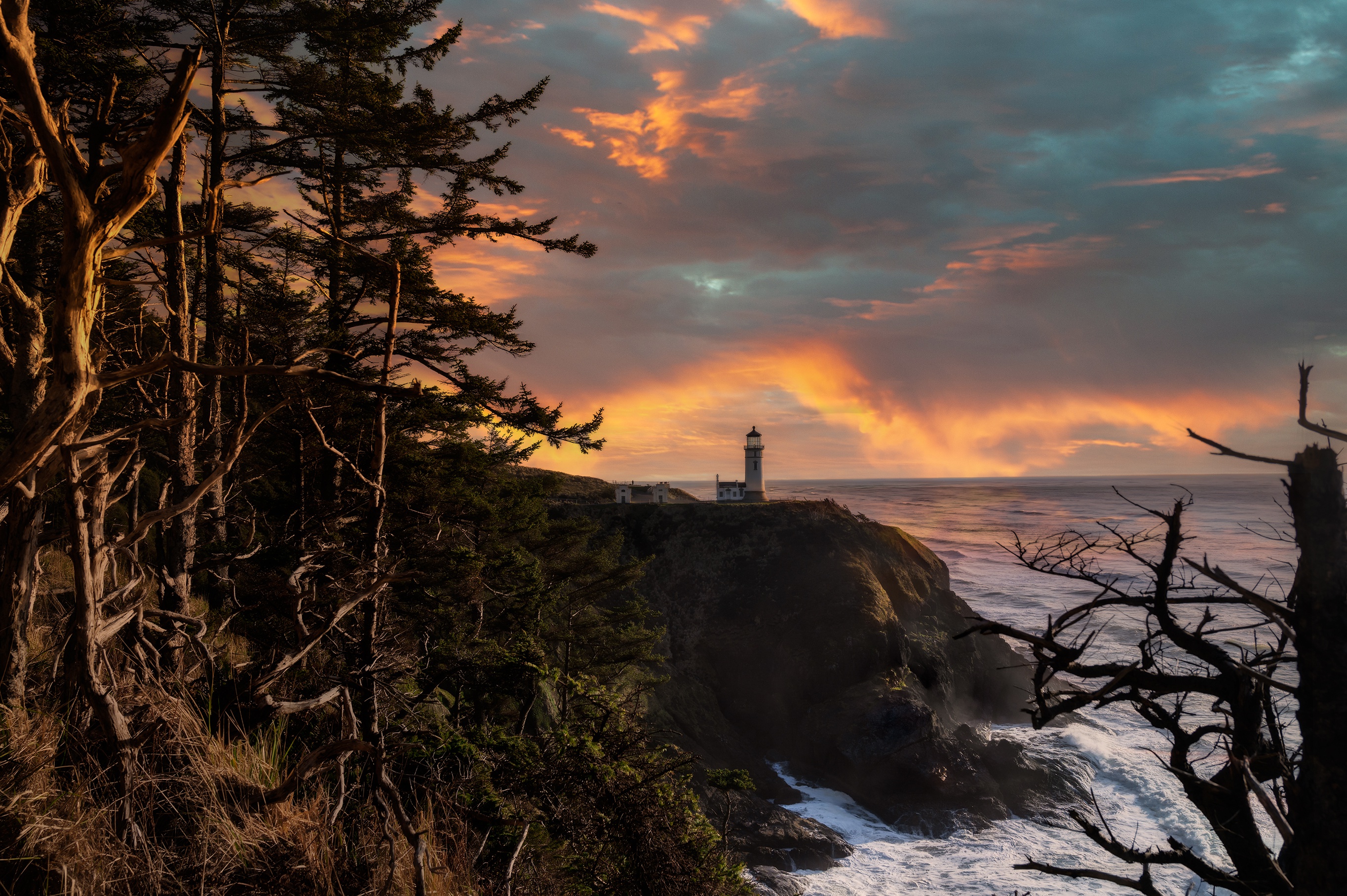 Download mobile wallpaper Landscape, Sunset, Tree, Ocean, Lighthouse, Man Made for free.