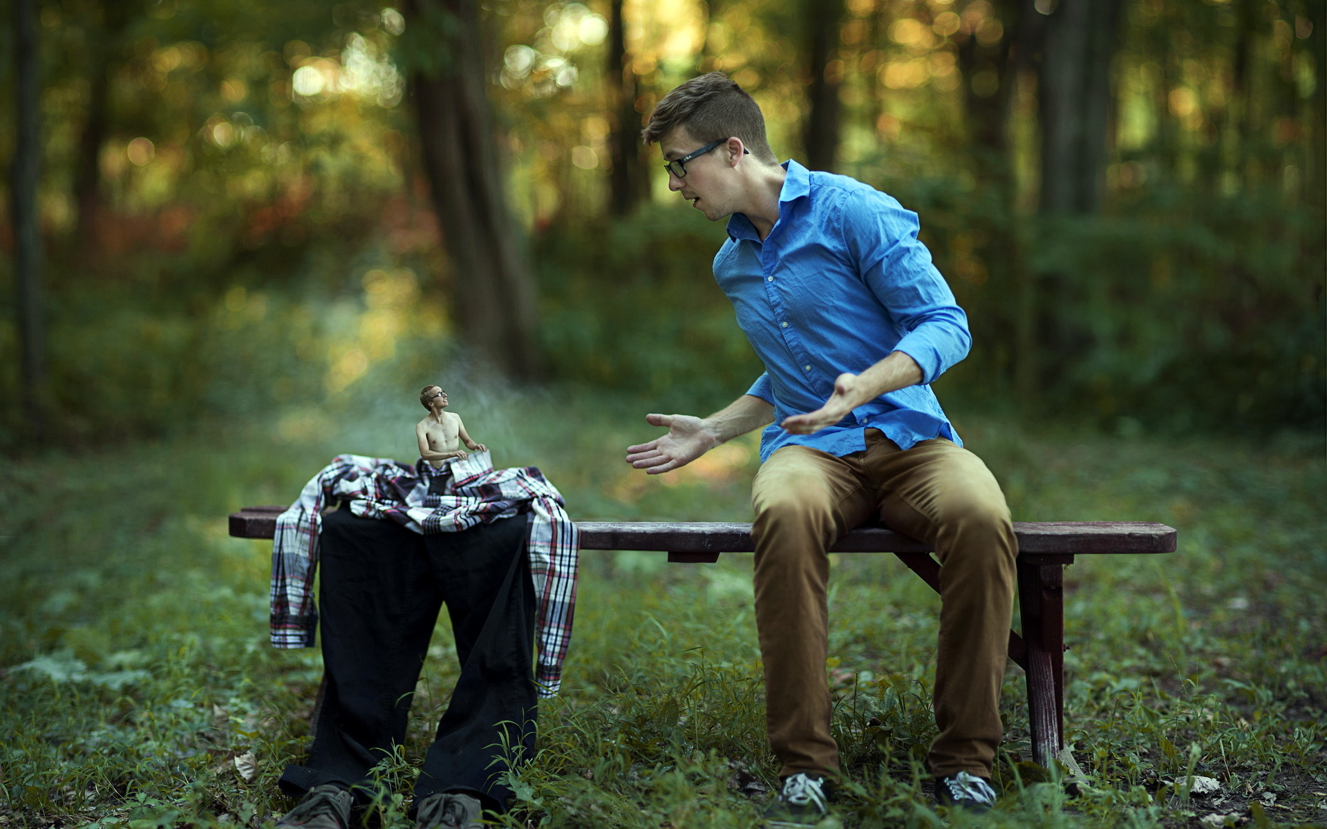 Free download wallpaper People, Bench, Photography, Manipulation, Lilliputian on your PC desktop