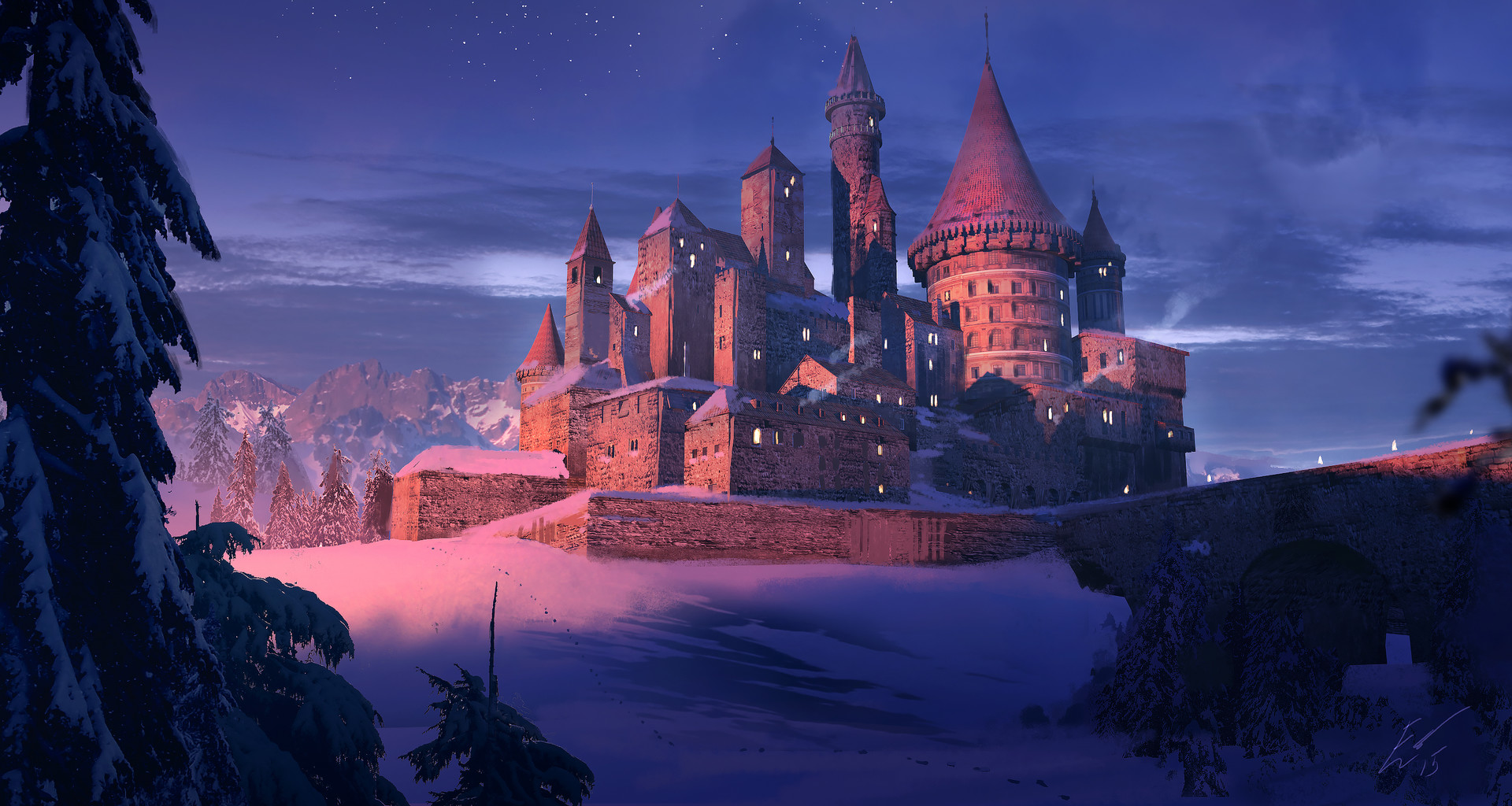 Laden Sie das Winter, Fantasie, Schnee, Schlösser, Gebäude, Turm, Schloss-Bild kostenlos auf Ihren PC-Desktop herunter