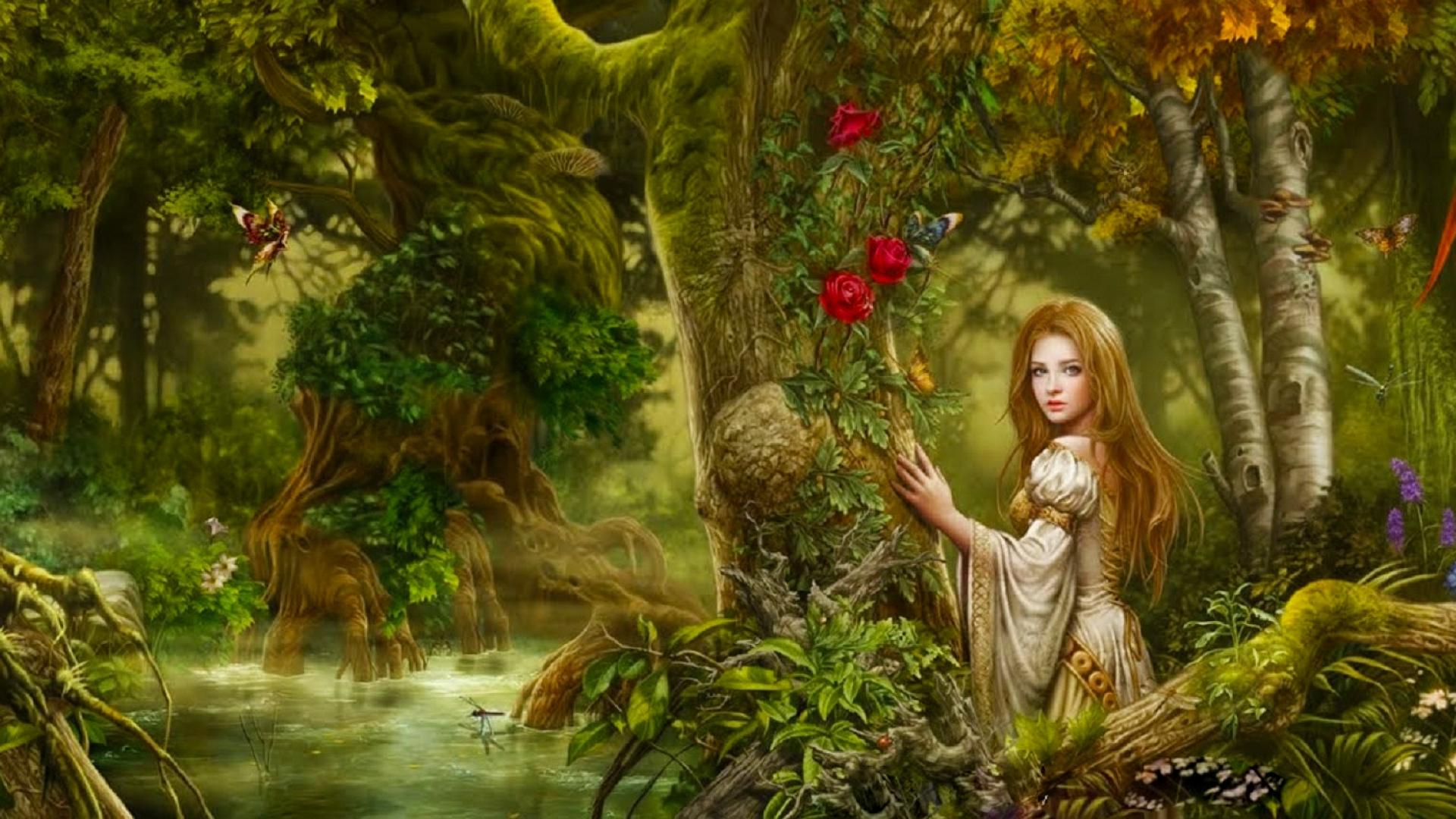 Download mobile wallpaper Fantasy, Flower, Forest, Tree, Pond, Women, Magical for free.