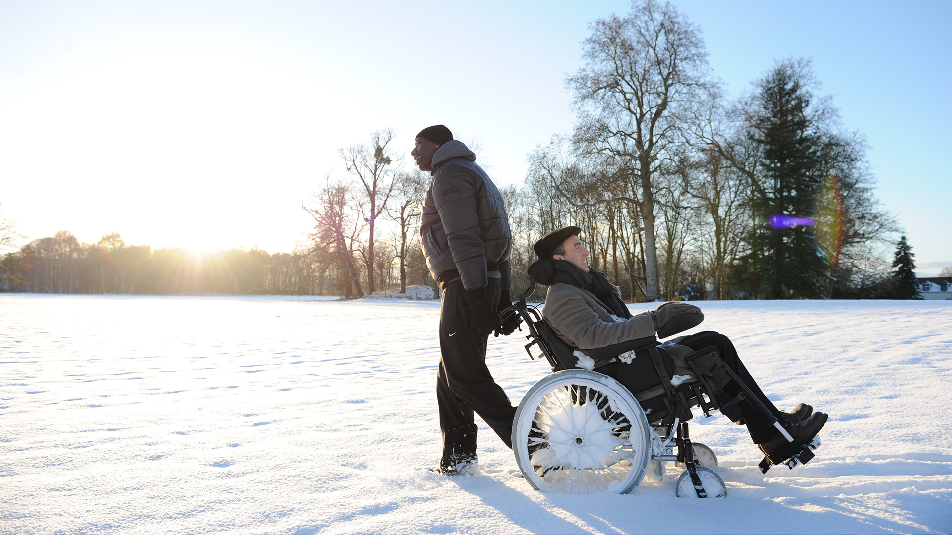 movie, the intouchables, driss (the intouchables), françois cluzet, omar sy, philippe (the intouchables), smile, snow, sunrise, wheelchair