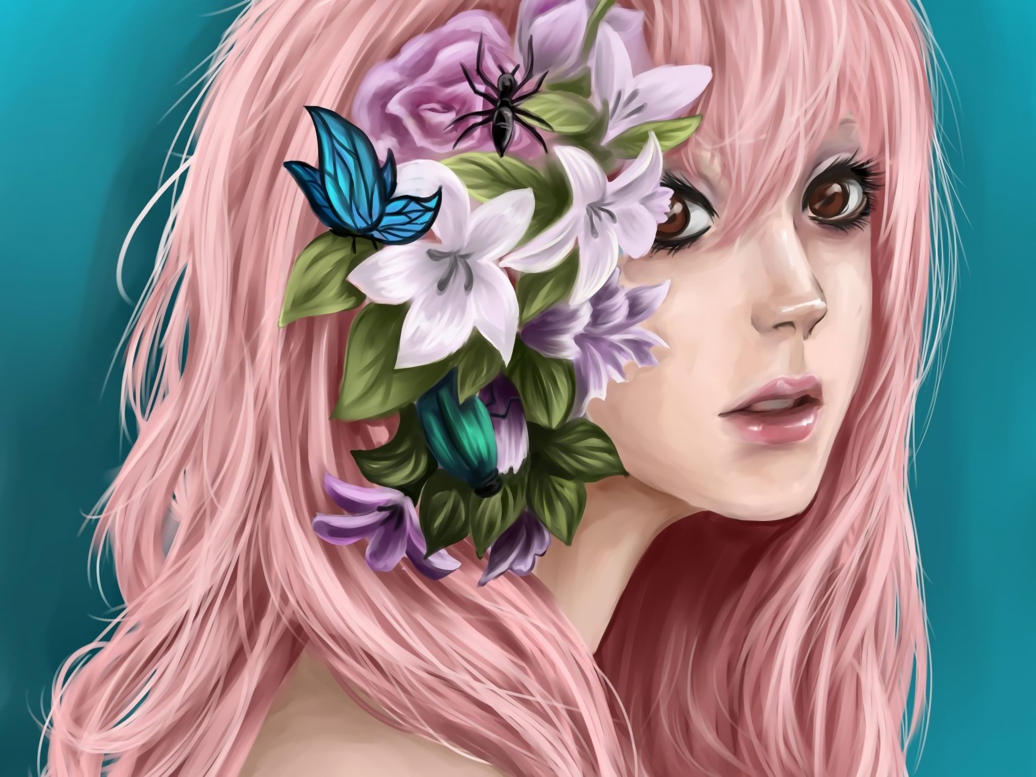 Descarga gratuita de fondo de pantalla para móvil de Fantasía, Flor, Mujeres, Cabello Rosado.