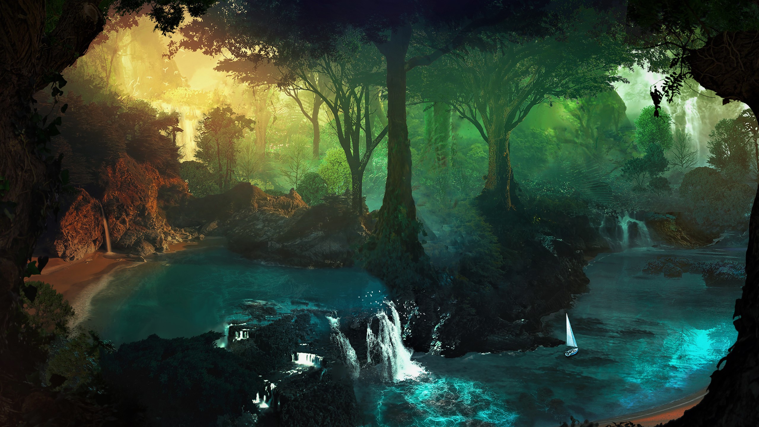 Laden Sie das Wasserfall, Wald, Fluss, Magisch, Künstlerisch-Bild kostenlos auf Ihren PC-Desktop herunter