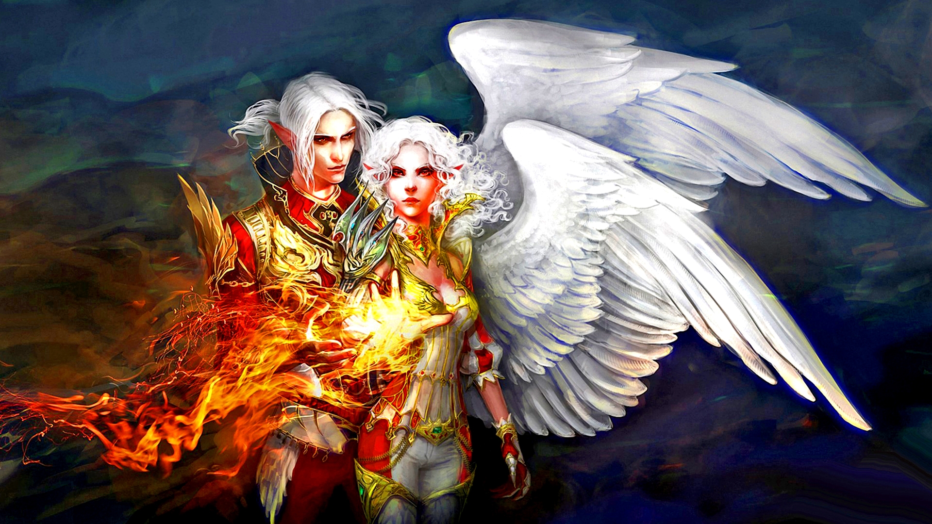 Download mobile wallpaper Fantasy, Fire, Wings, Angel, Video Game, Pointed Ears, White Hair, Lineage 2: Revolution for free.