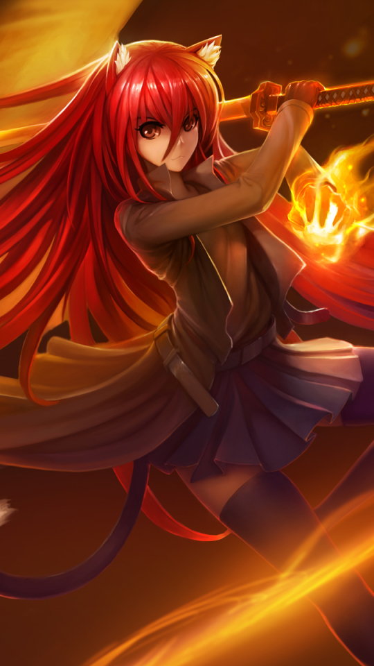 Handy-Wallpaper Rock, Flamme, Mantel, Rote Augen, Animes, Lange Haare, Rote Haare, Shakugan No Shana, Tierische Ohren, Shana (Shakugan No Shana) kostenlos herunterladen.