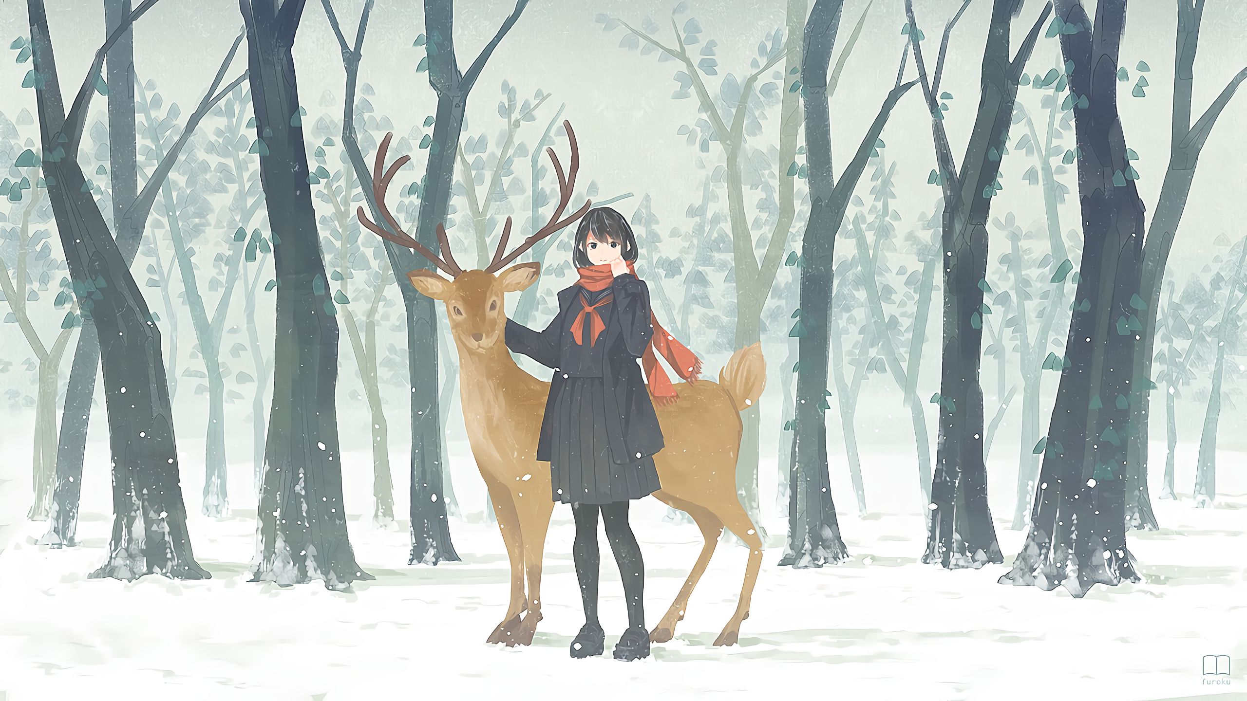 Free download wallpaper Anime, Snow, Girl, Deer, School Uniform, Short Hair on your PC desktop