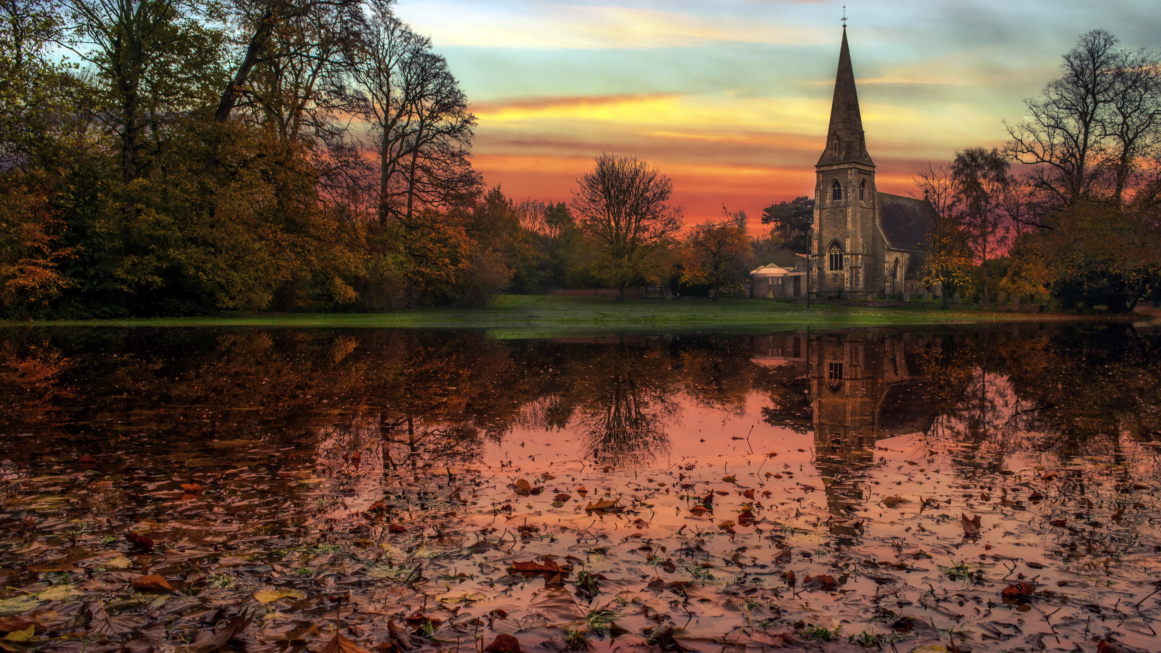Download mobile wallpaper Sunset, Reflection, Fall, Church, Churches, Religious for free.