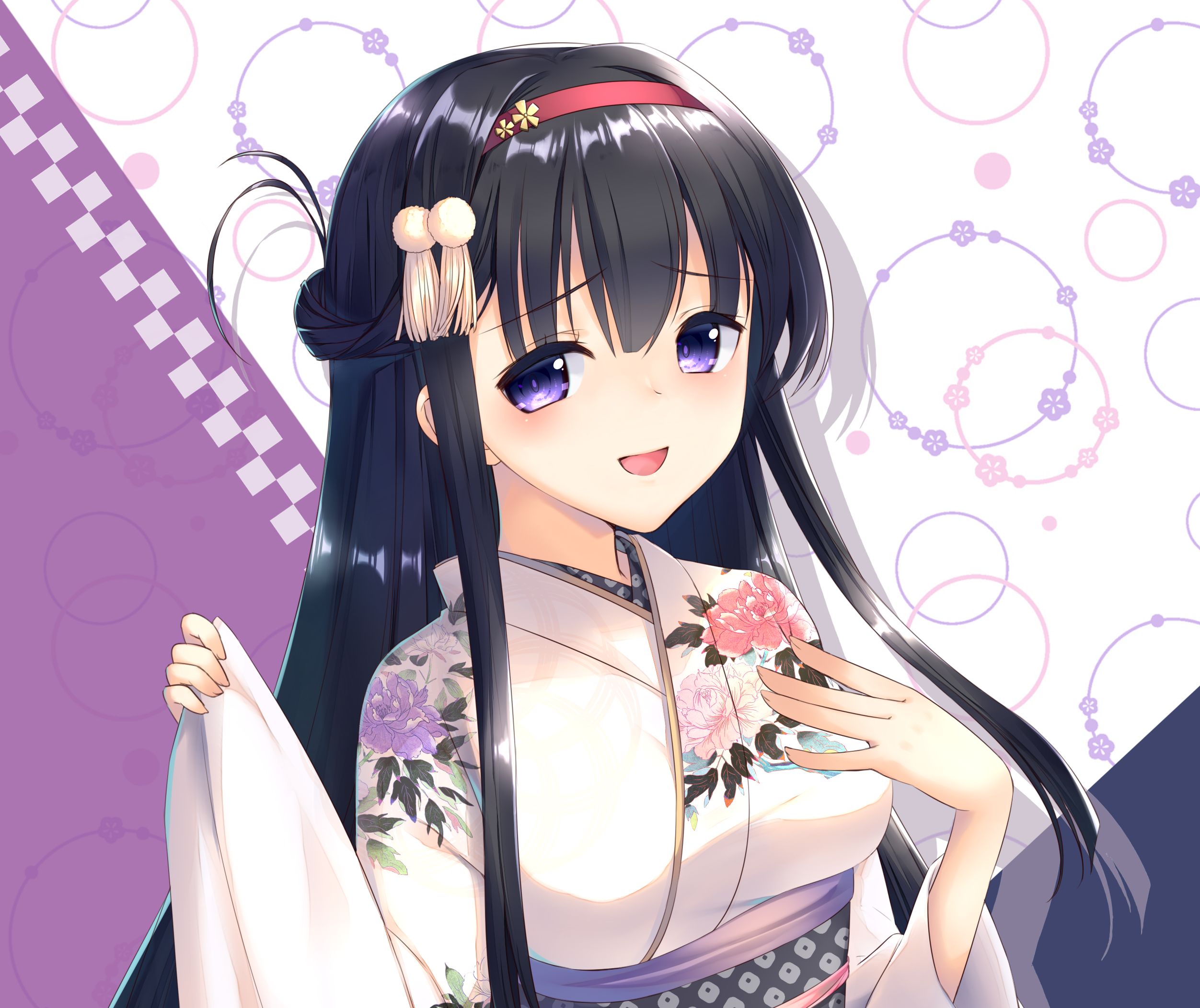 Free download wallpaper Anime, Flower, Smile, Kimono, Blue Eyes, Original, Headband, Black Hair, Long Hair on your PC desktop