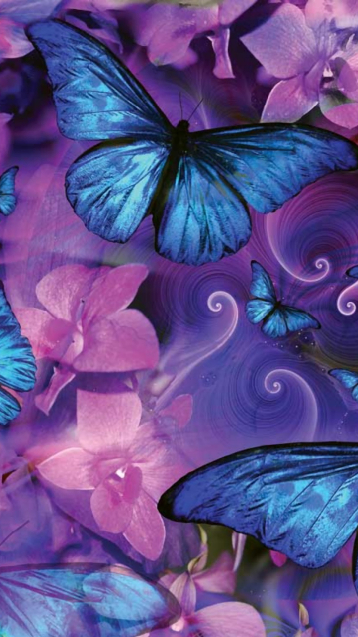 無料モバイル壁紙蝶, ピンク, 花, 青い, 芸術的をダウンロードします。