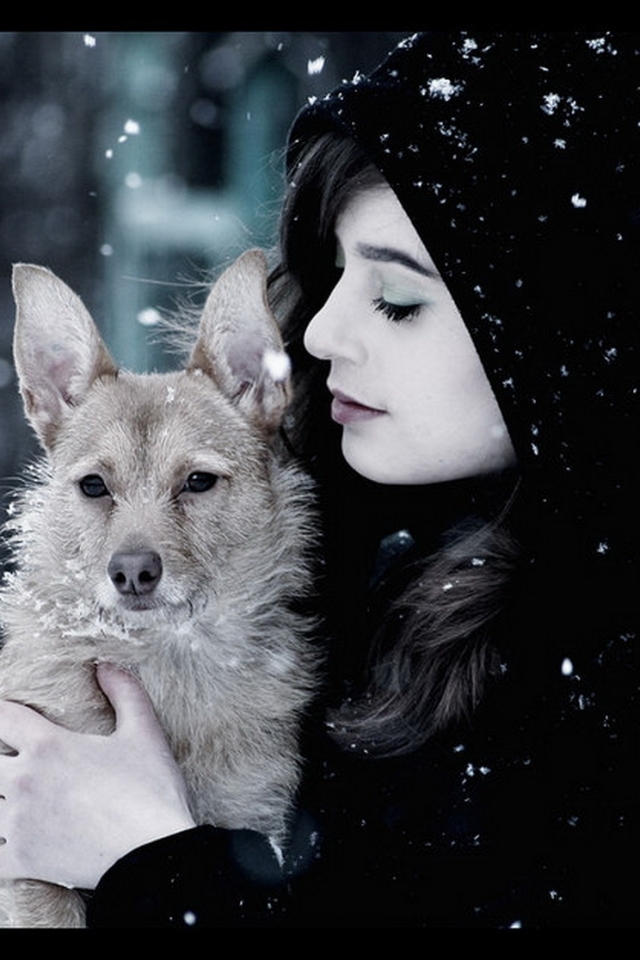 Handy-Wallpaper Winter, Hund, Stil, Stimmung, Frauen, Hexe kostenlos herunterladen.