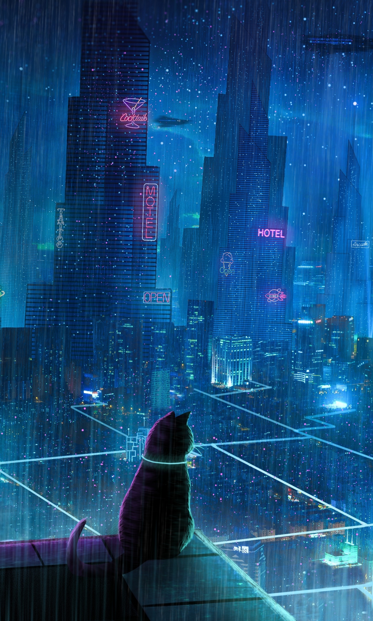 Download mobile wallpaper Anime, Rain, City, Building, Cat, Sci Fi for free.
