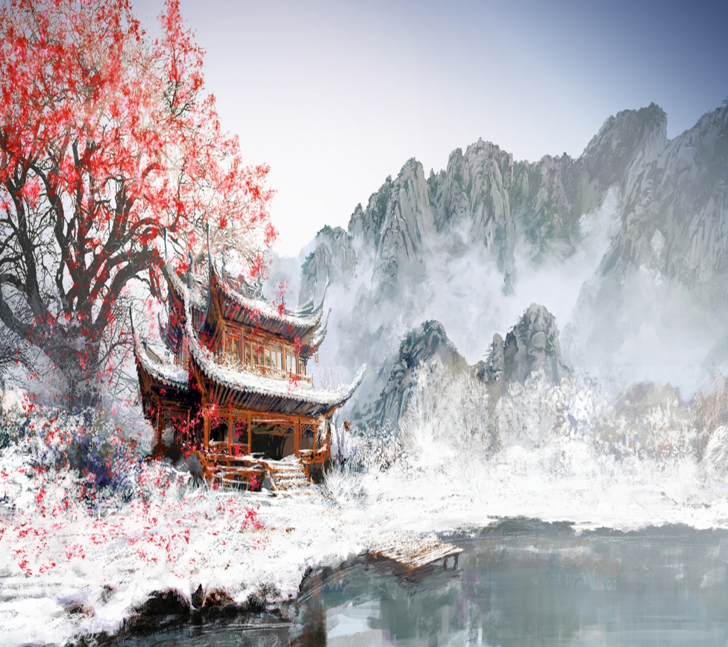 Descarga gratis la imagen Invierno, Fantasía, Oriental, Flor De Sakura en el escritorio de tu PC