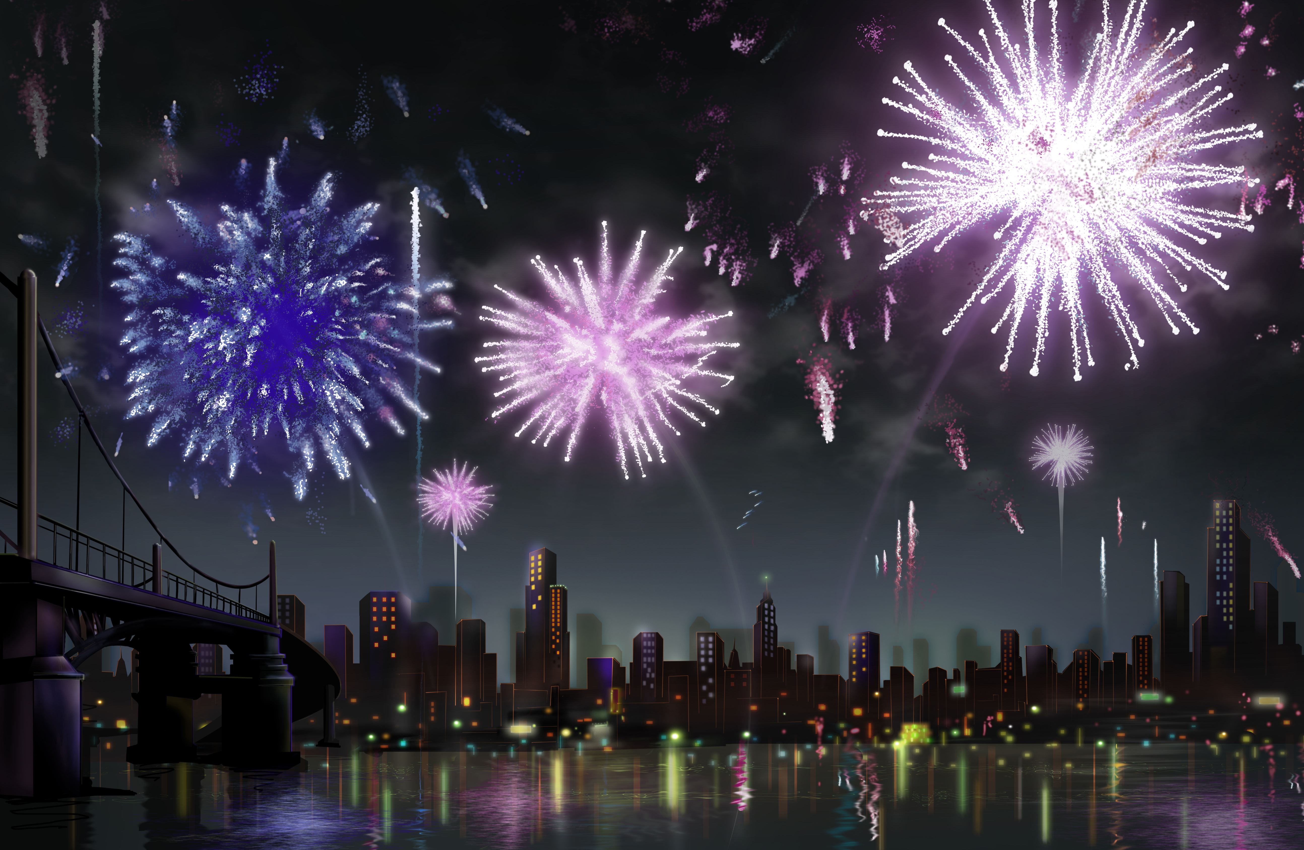 Download mobile wallpaper City, Building, Purple, Artistic, Fireworks for free.