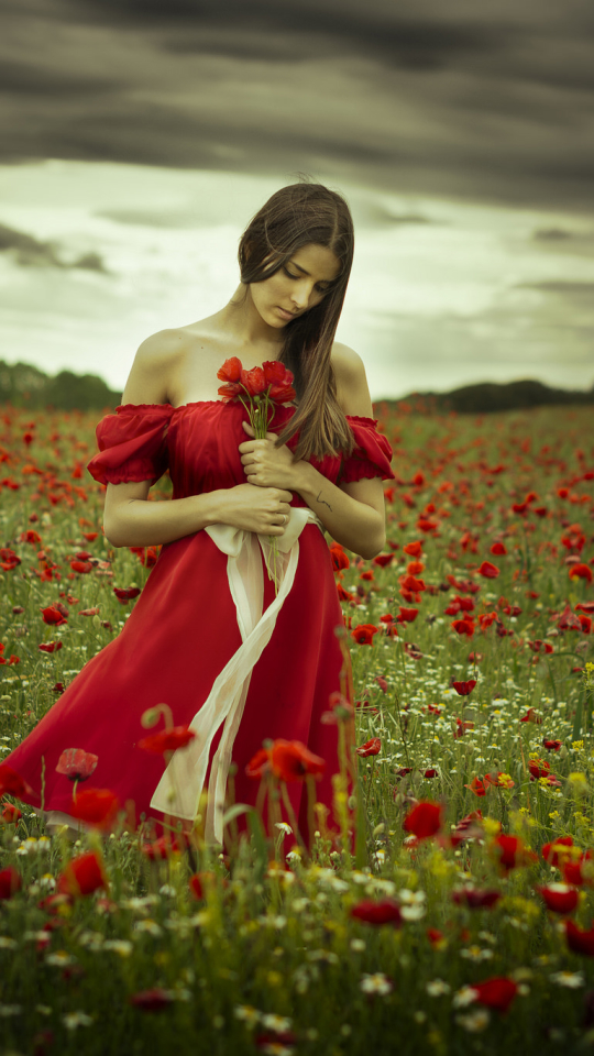 Download mobile wallpaper Flower, Field, Mood, Poppy, Brunette, Women, Red Flower, Red Dress for free.