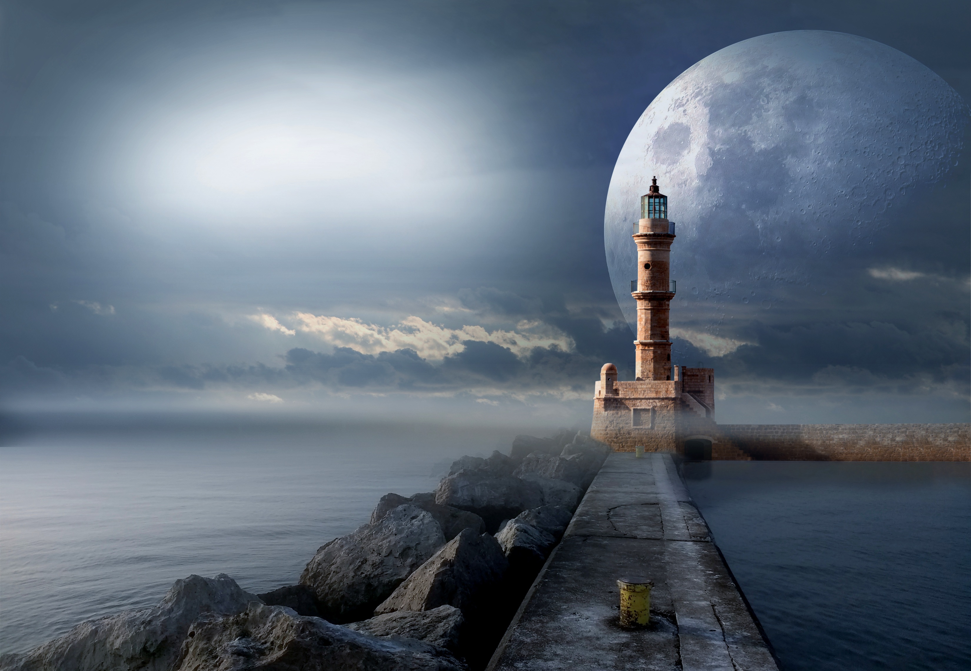 122517 скачать картинку луна, море, маяк, фэнтези, пирс - обои и заставки бесплатно