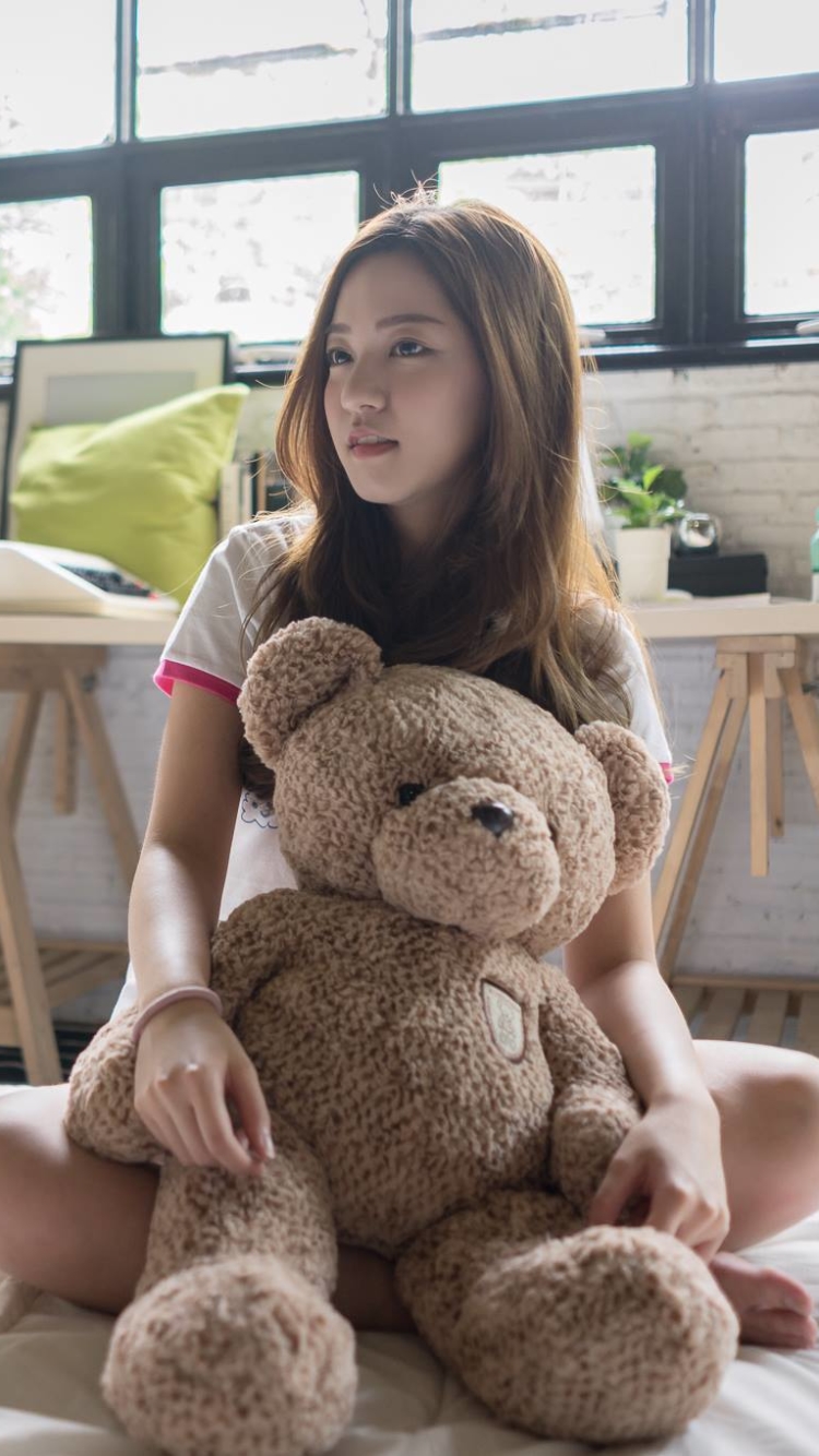 Download mobile wallpaper Teddy Bear, Brunette, Model, Women, Asian, Stuffed Animal for free.