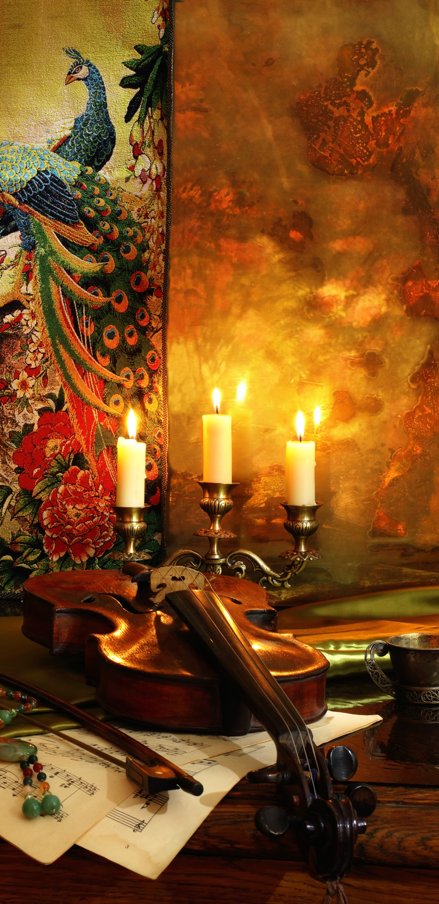Download mobile wallpaper Still Life, Candle, Photography, Violin, Sheet Music for free.