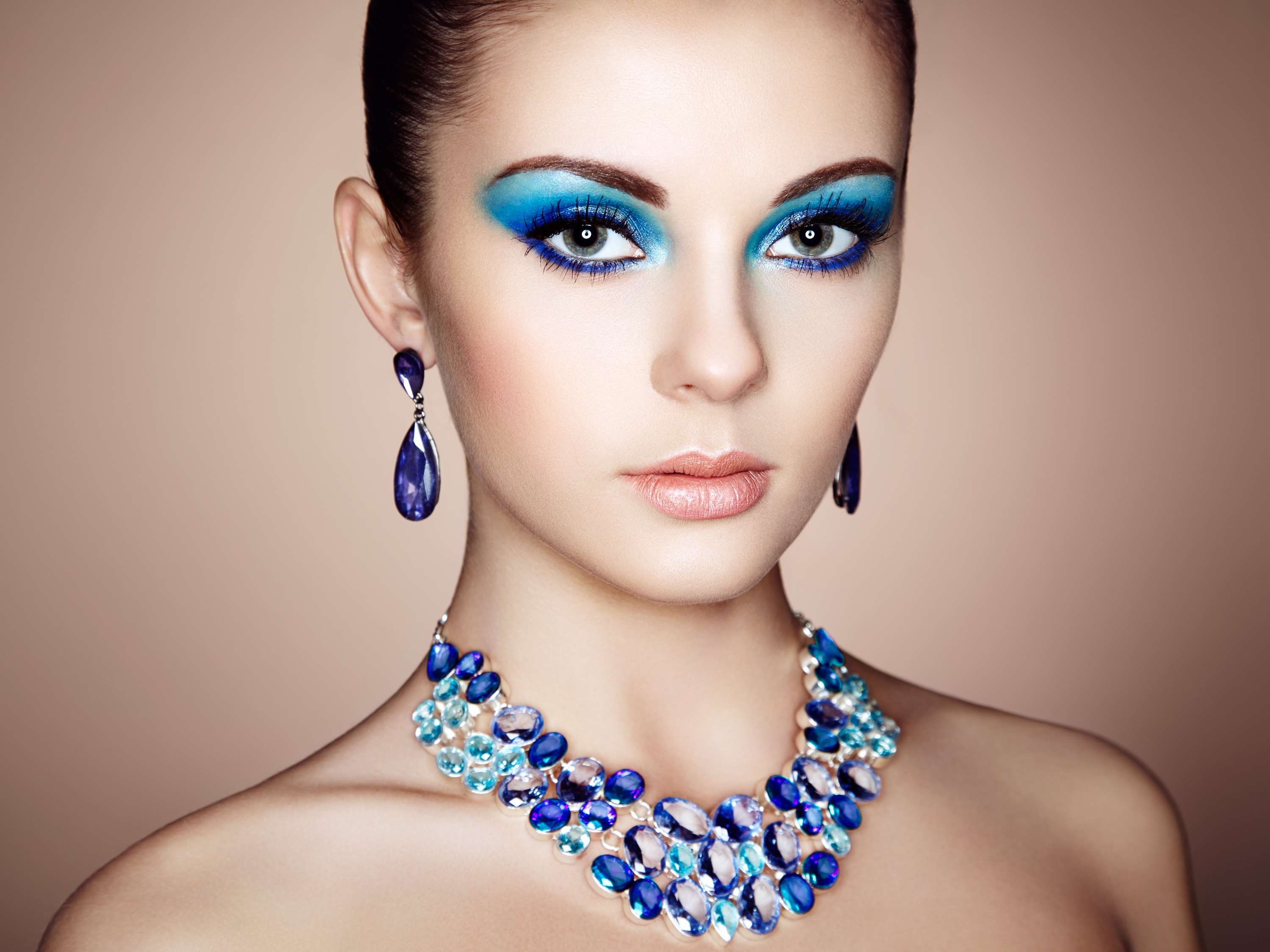 Download mobile wallpaper Jewelry, Face, Model, Women, Earrings, Blue Eyes, Necklace for free.