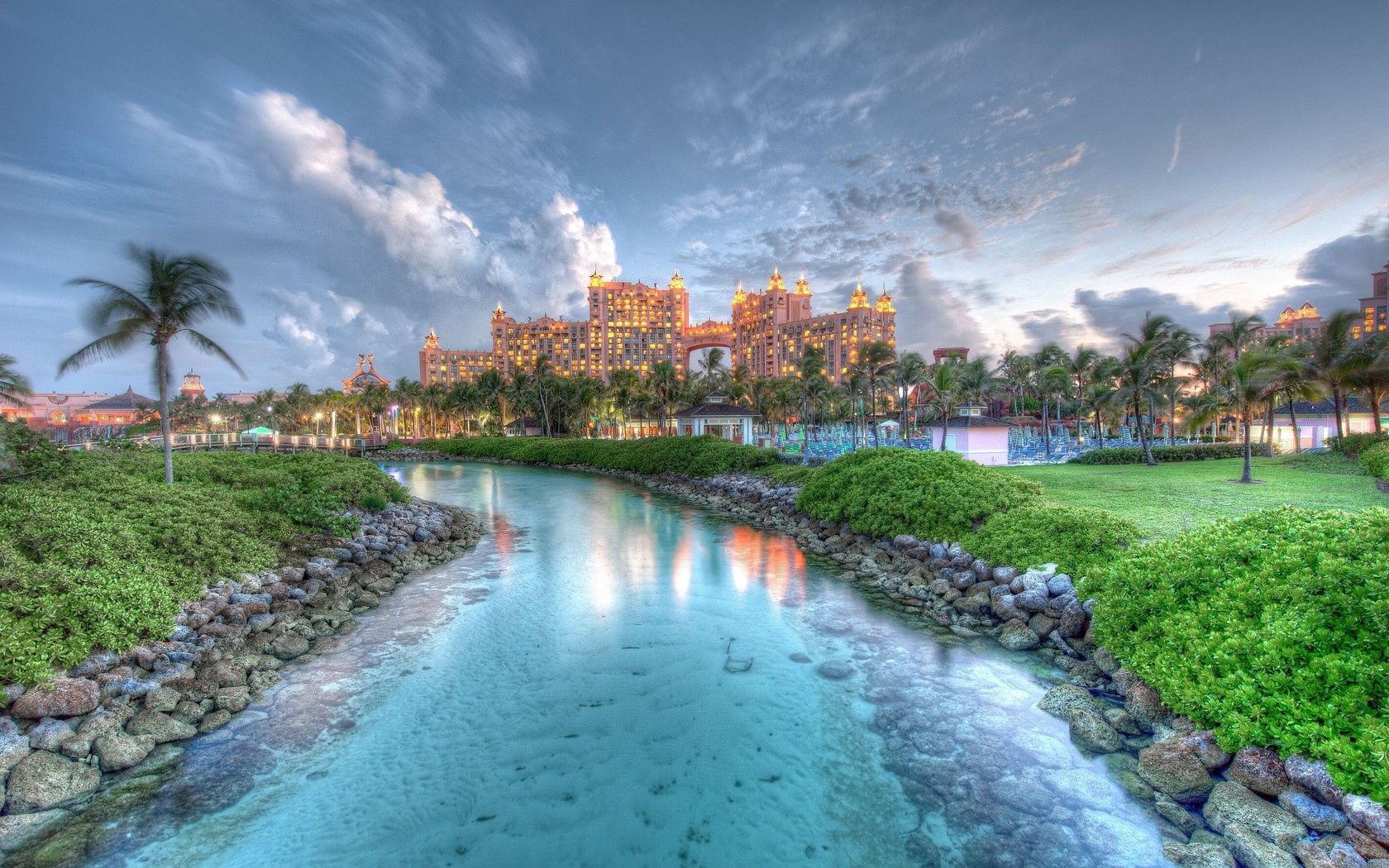 landscape, cities, water, grass, stones, sky, clouds, building, palm, hdr, islands, bahamas