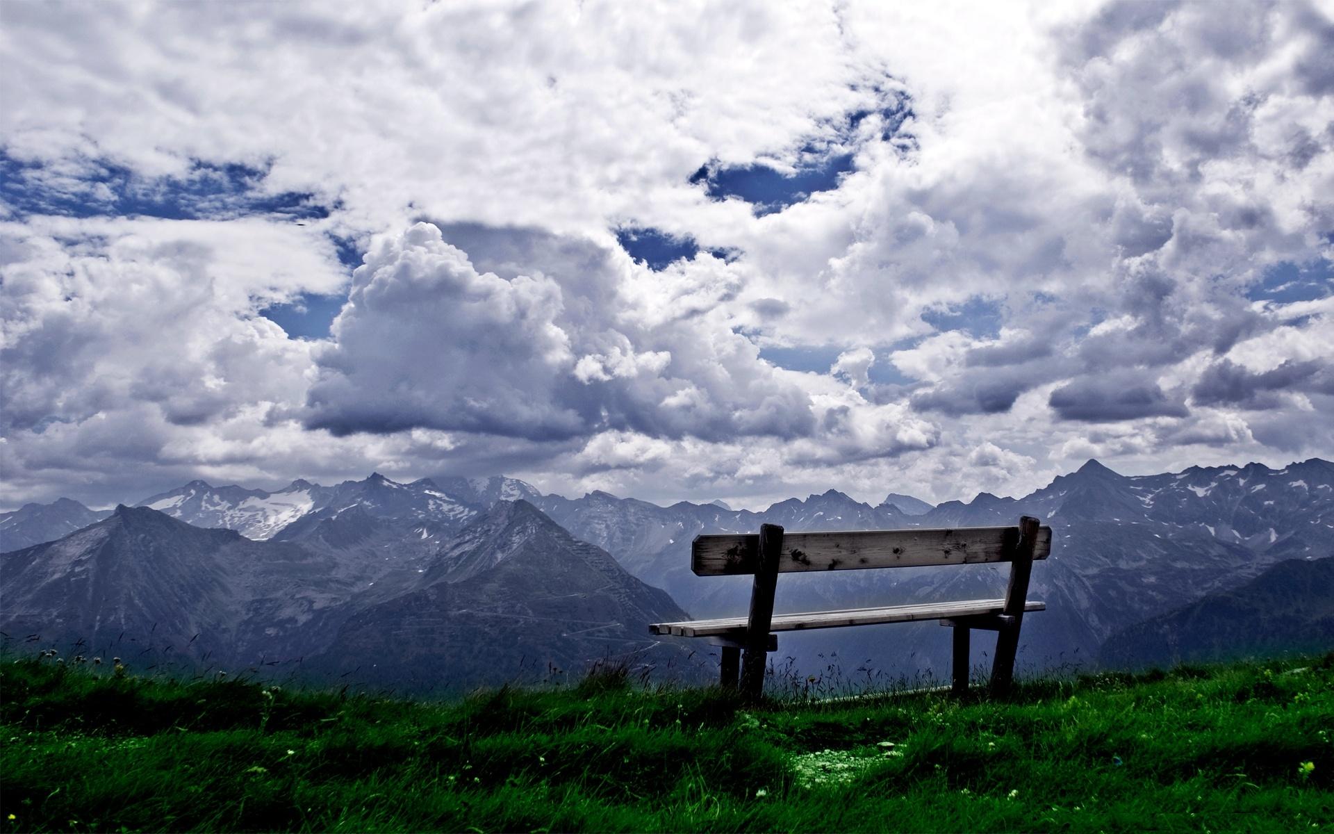 Download mobile wallpaper Landscape, Mountain, Bench, Cloud, Man Made for free.