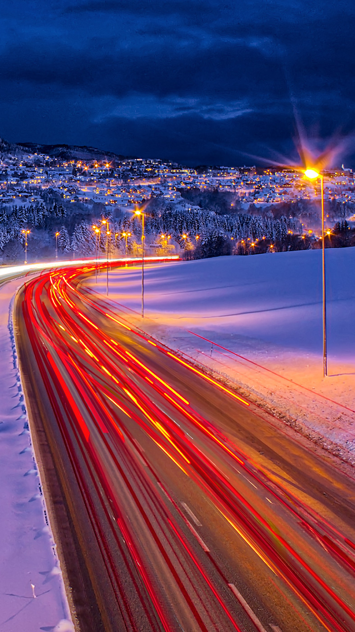Download mobile wallpaper Winter, Night, Snow, Light, Road, Norway, Photography, Time Lapse for free.