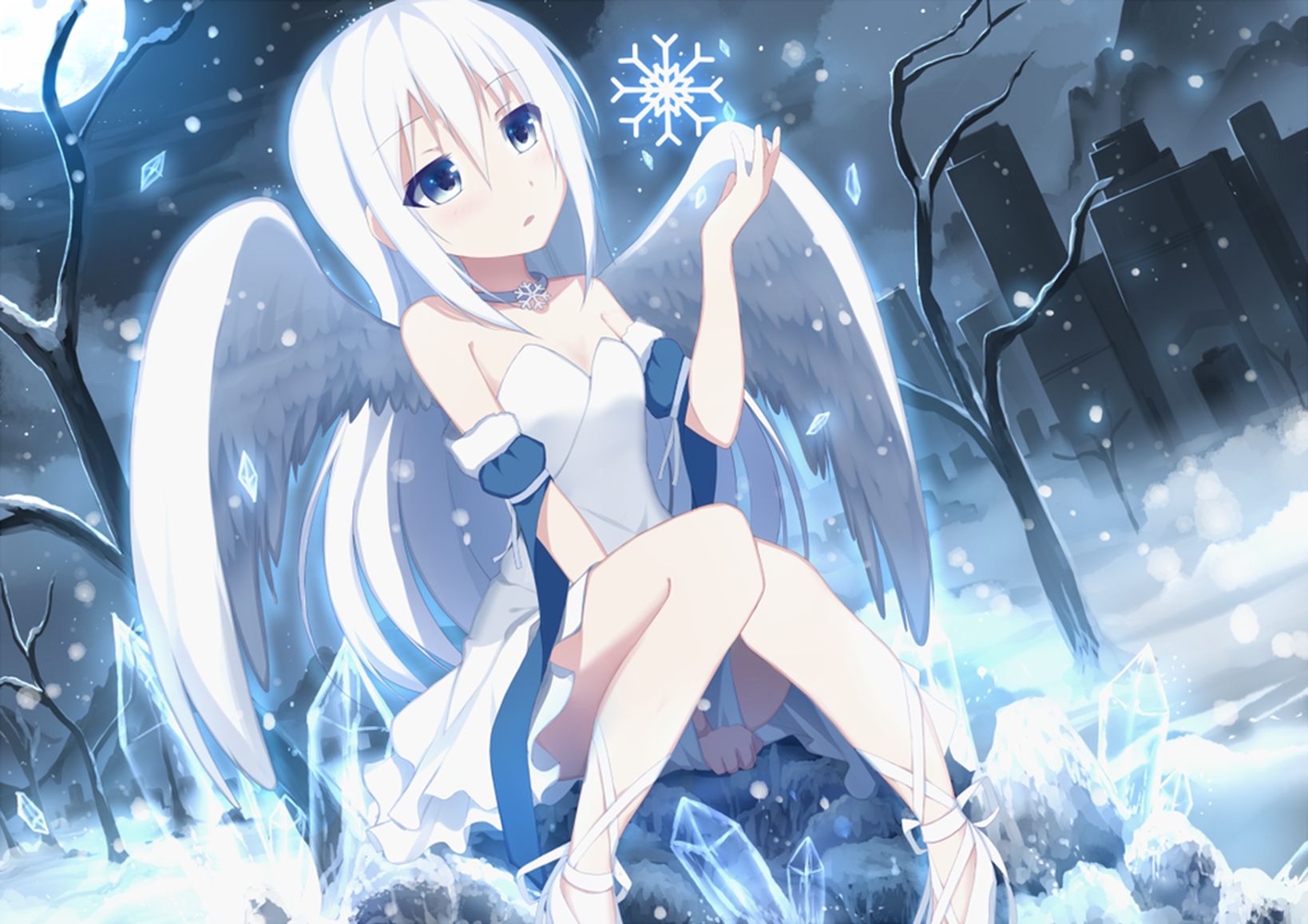 Download mobile wallpaper Anime, Sky, Night, Moon, Snow, Building, Light, Tree, Wings, Angel, Dress, Original for free.