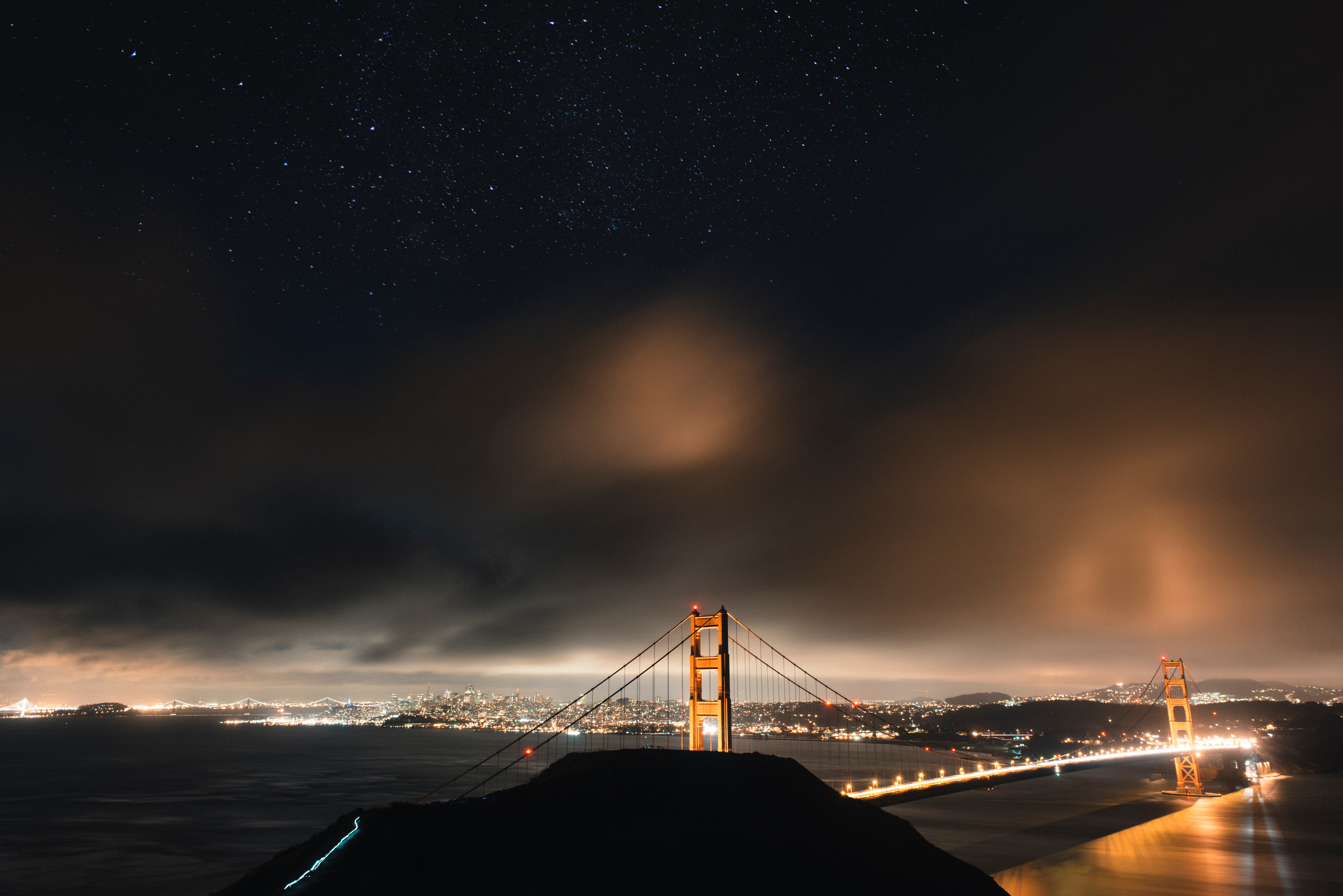 Скачать обои бесплатно Мост, Облака, Сан Франциско, Природа, Сша, Звездное Небо, Ночной Город картинка на рабочий стол ПК