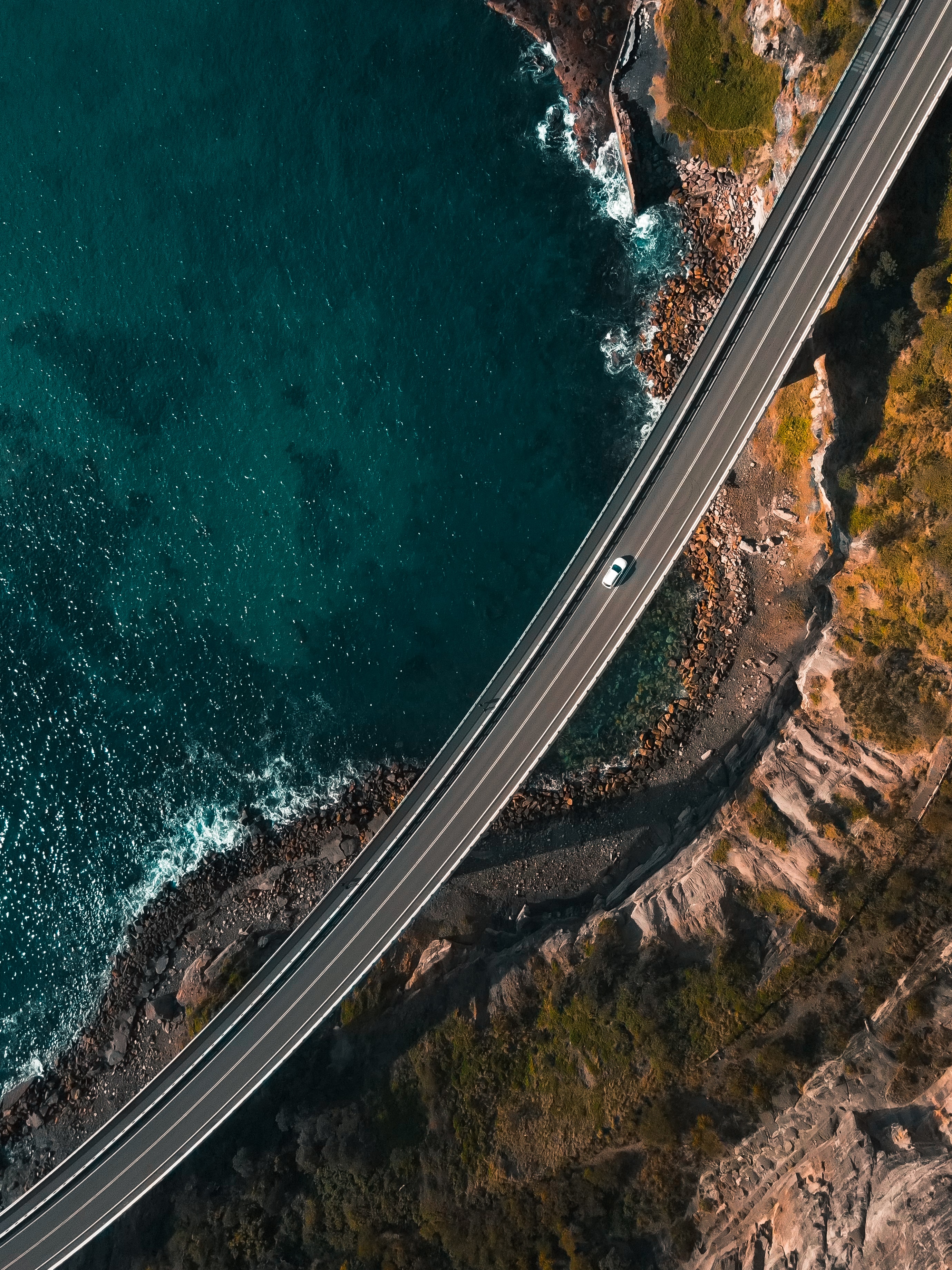 Download mobile wallpaper Road, View From Above, Coast, Nature, Machine, Car for free.