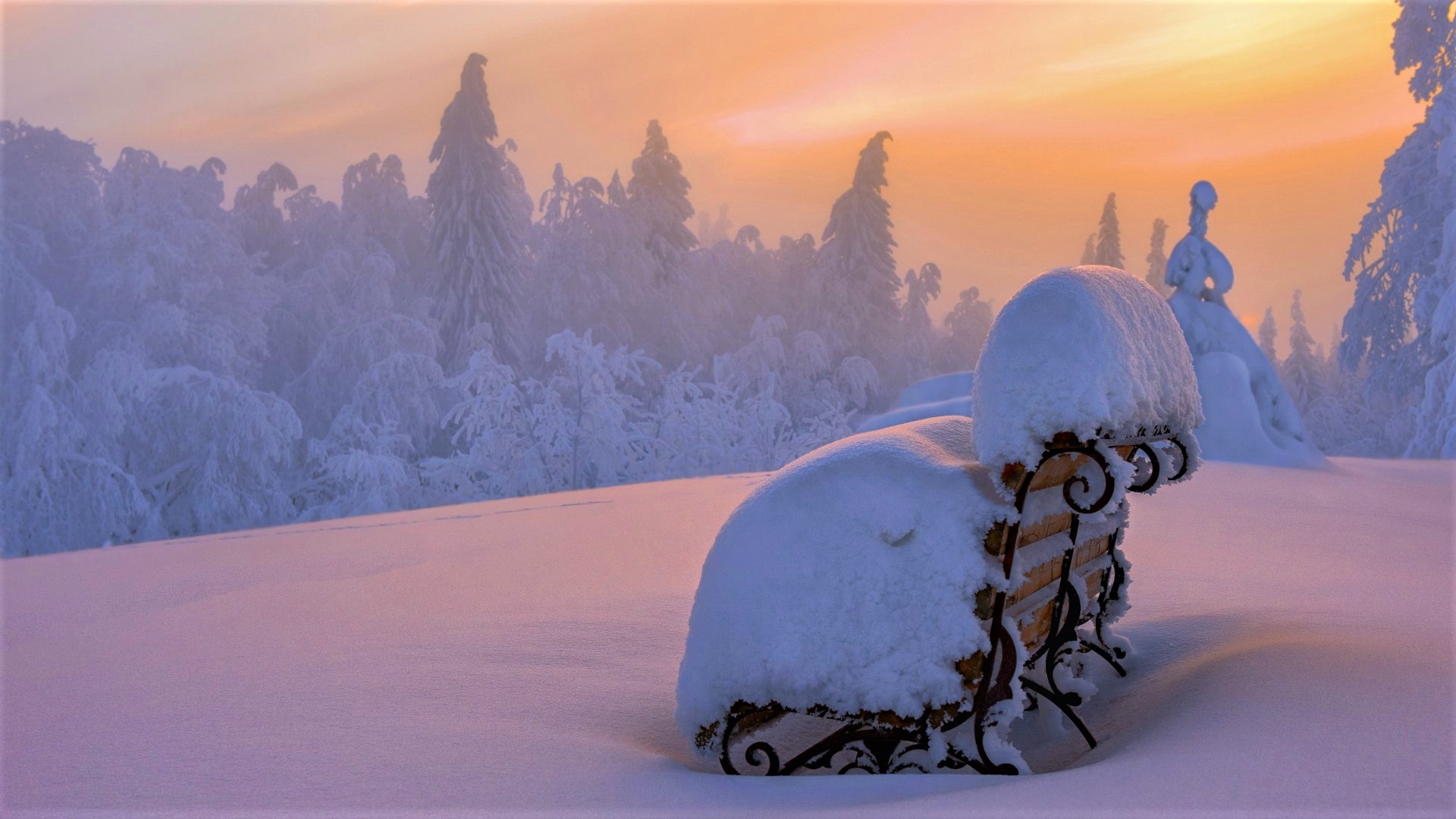 Handy-Wallpaper Winter, Schnee, Bank, Park, Baum, Sonnenuntergang, Menschengemacht kostenlos herunterladen.