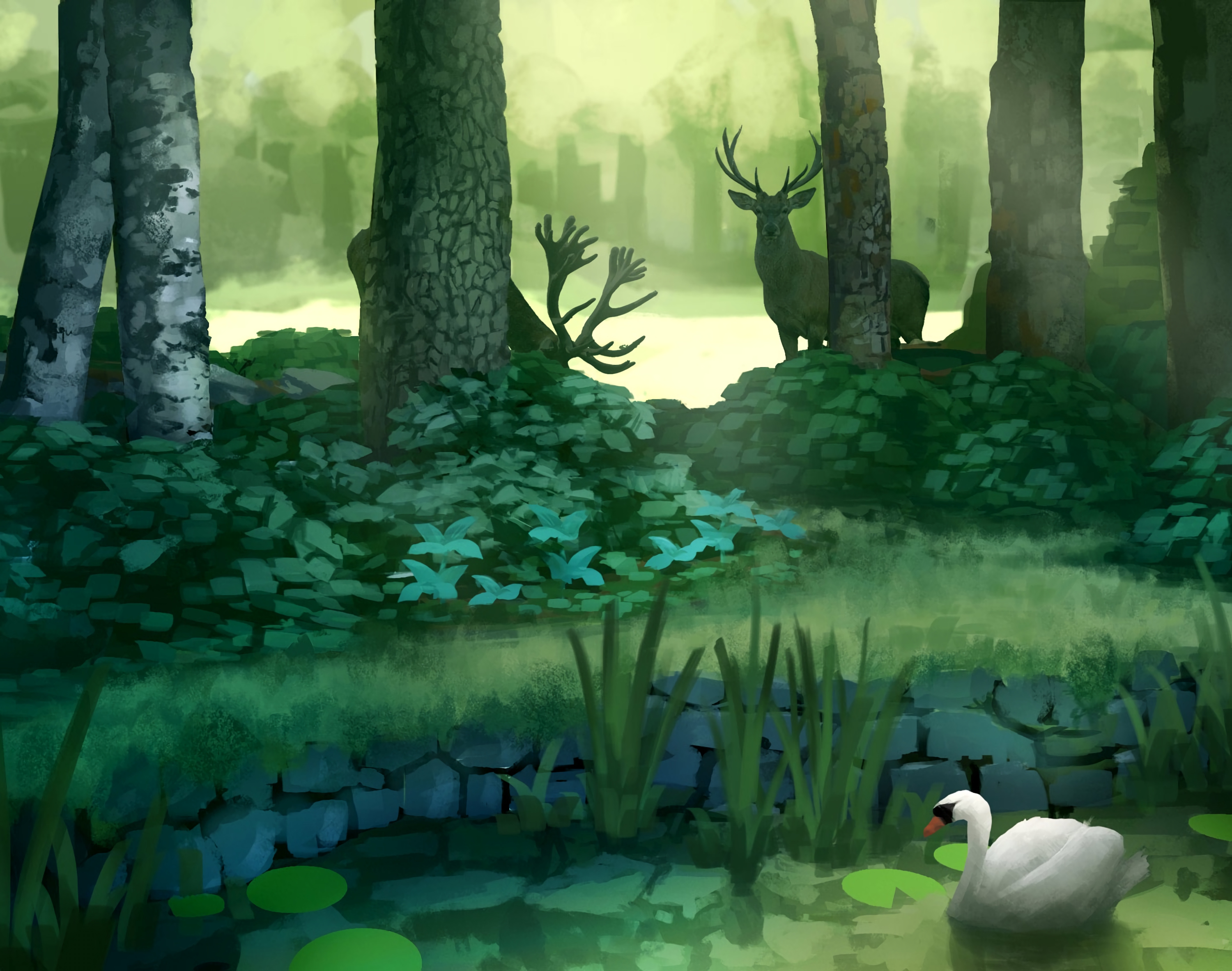 deers, trees, art, forest, swan, pond Image for desktop