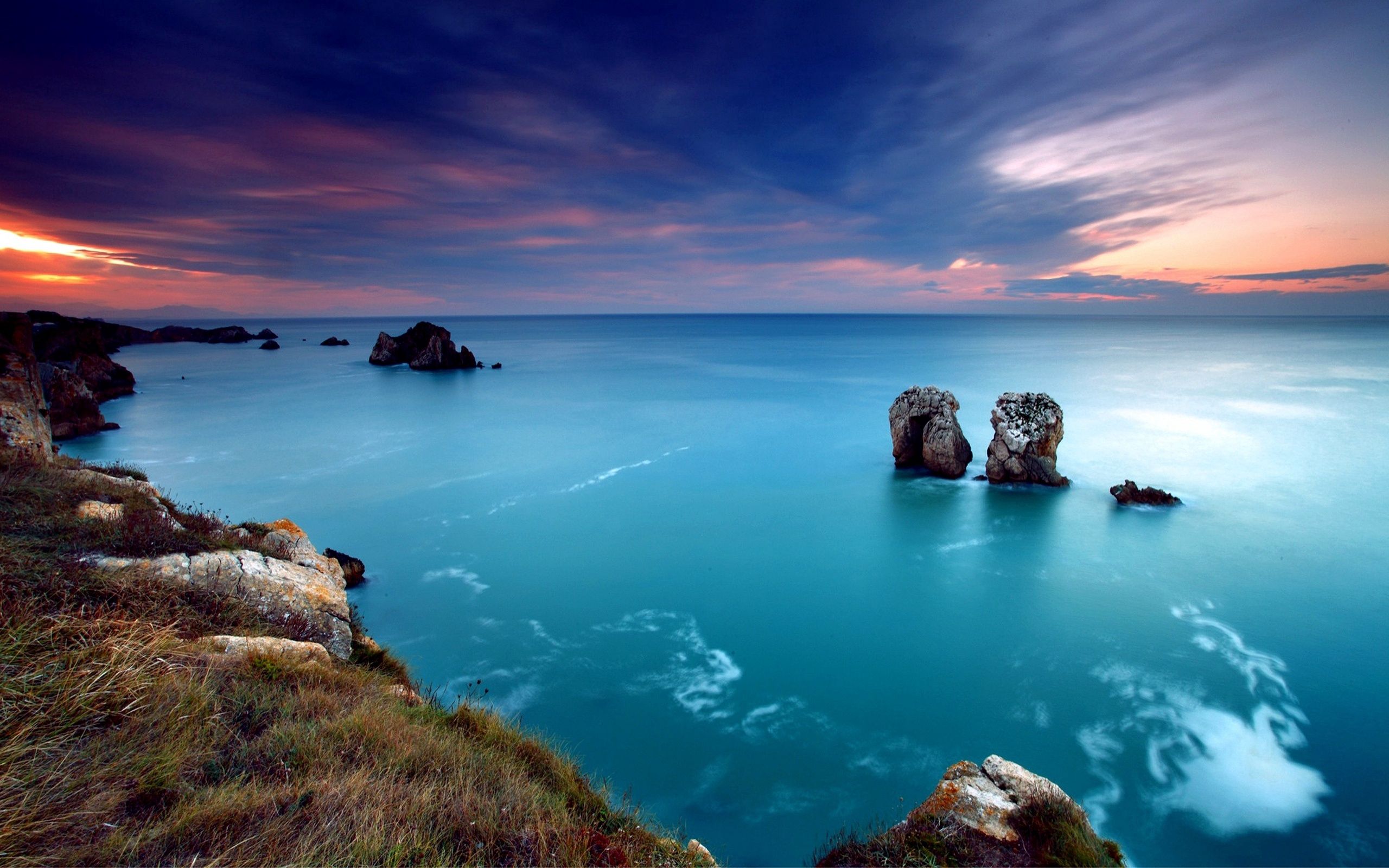 blue water, nature, lilac, shore, bank, ocean, evening, bay