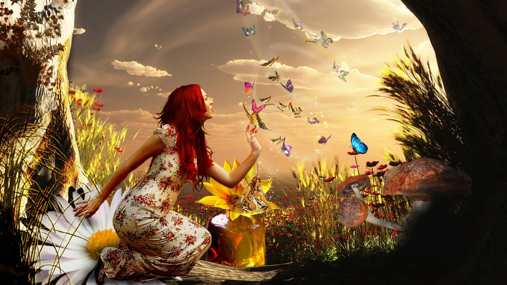 Free download wallpaper Fantasy, Flower, Butterfly, Women, Red Hair on your PC desktop