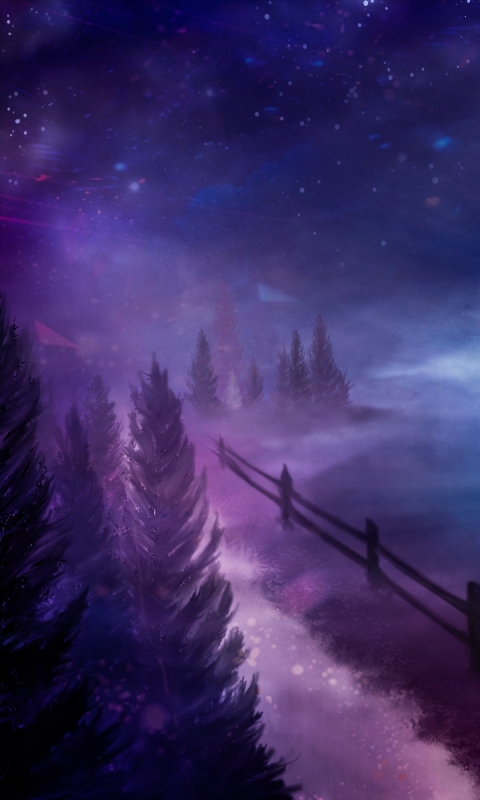 Download mobile wallpaper Landscape, Fantasy, Sky, Road, Tree, Fog, Cloud, Star for free.