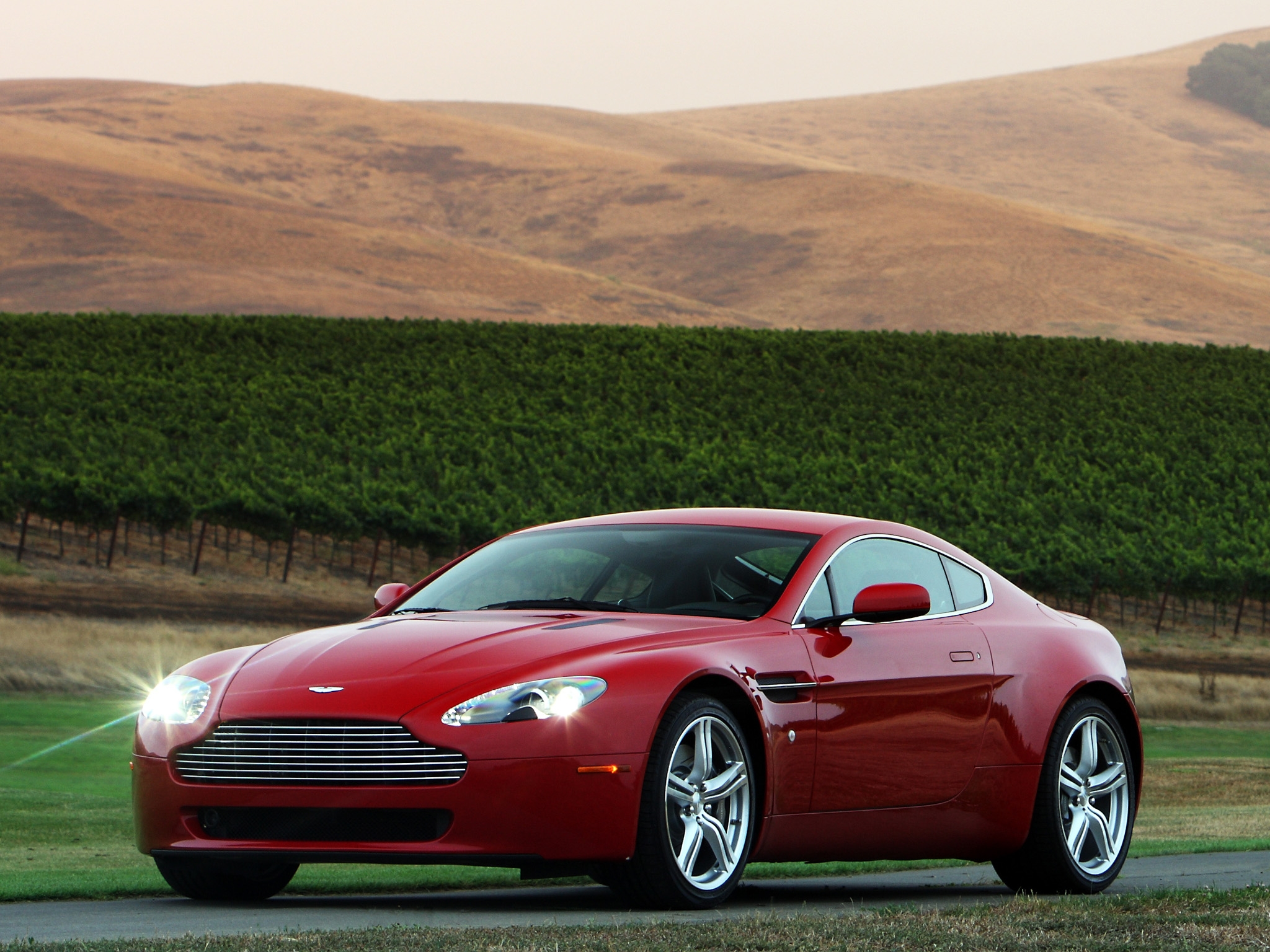 mountains, aston martin, cars, red, front view, style, 2008, v8, vantage