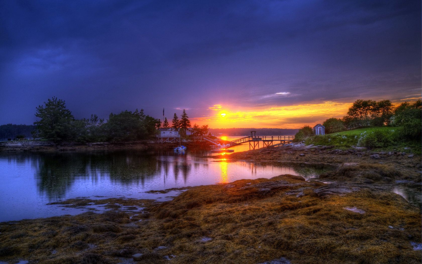 colors, nature, sunset, boats, lake, shore, bank, bridge, color, evening, rocky, stony Free Stock Photo