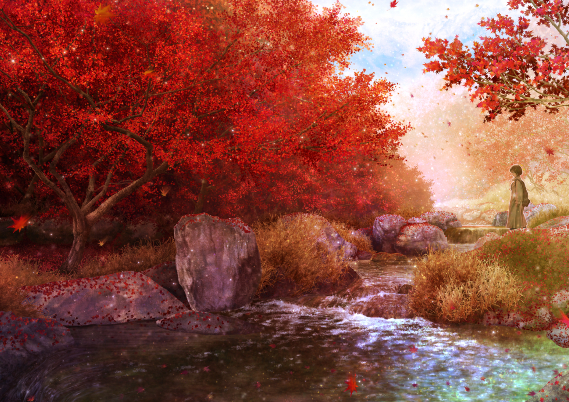 Скачать обои бесплатно Аниме, Река, Осень, Оригинал картинка на рабочий стол ПК