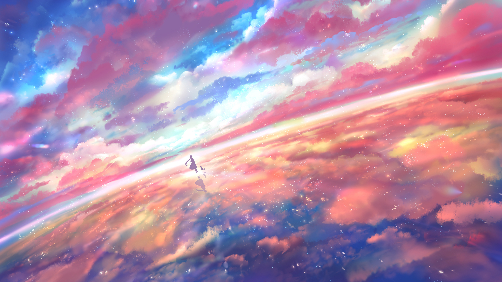 Download mobile wallpaper Anime, Sky, Reflection, Cat, Cloud for free.