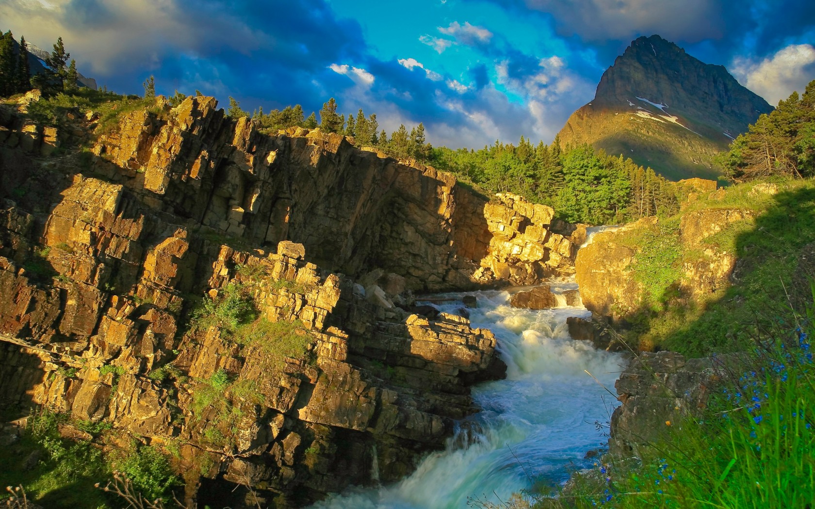 Download mobile wallpaper Landscape, Nature, Grass, Mountain, Peak, Earth, Stream for free.