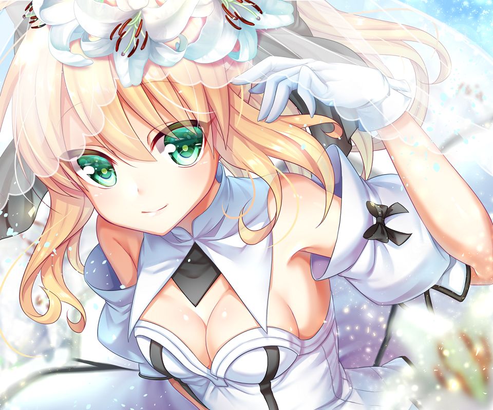 Download mobile wallpaper Anime, Flower, Smile, Blonde, Glove, Bride, Headdress, Green Eyes, Glitter, Wedding Dress, Long Hair, Red Saber, Fate/grand Order, Fate Series for free.