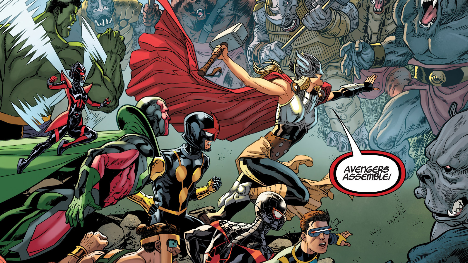 comics, avengers, amadeus cho, cyclops (marvel comics), hercules (marvel comics), hulk, jane foster, miles morales, nova (marvel comics), sam alexander, spider man, thor, vision (marvel comics), wasp (marvel comics), the avengers