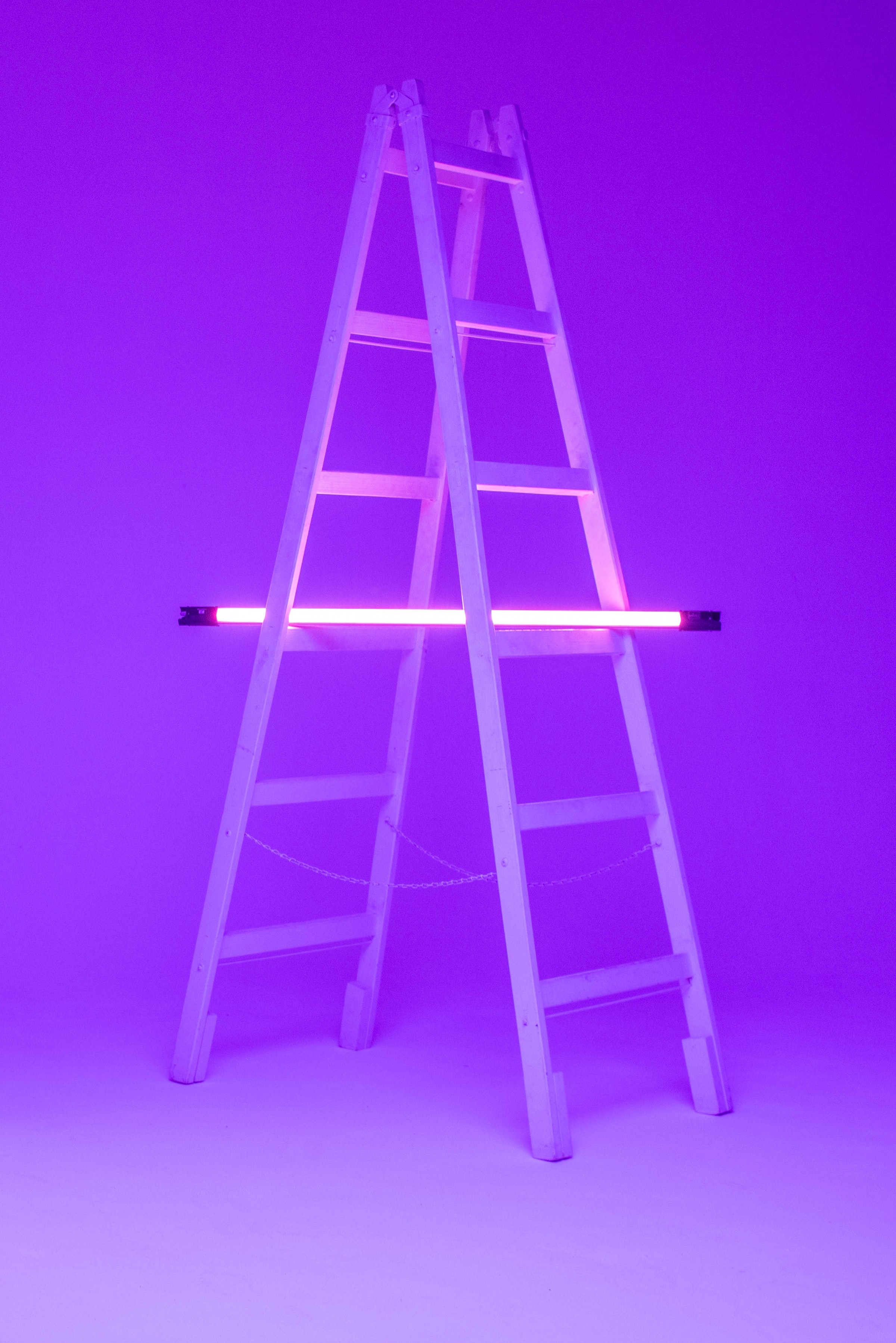 Download mobile wallpaper Ladder, Lamp, Miscellaneous, Miscellanea, Stairs, Violet, Purple, Neon, Glow for free.