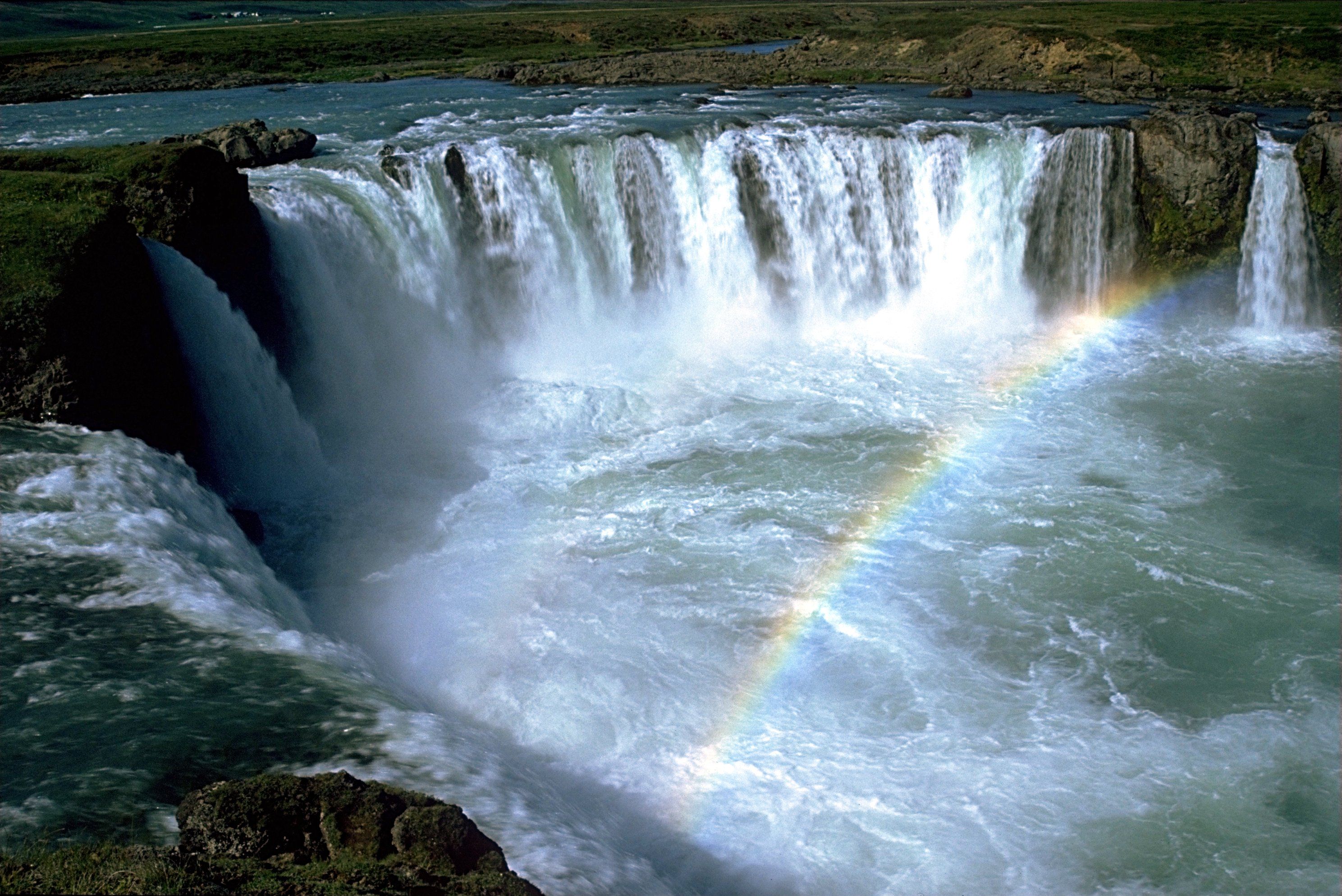 earth, goðafoss, rainbow, waterfall, waterfalls