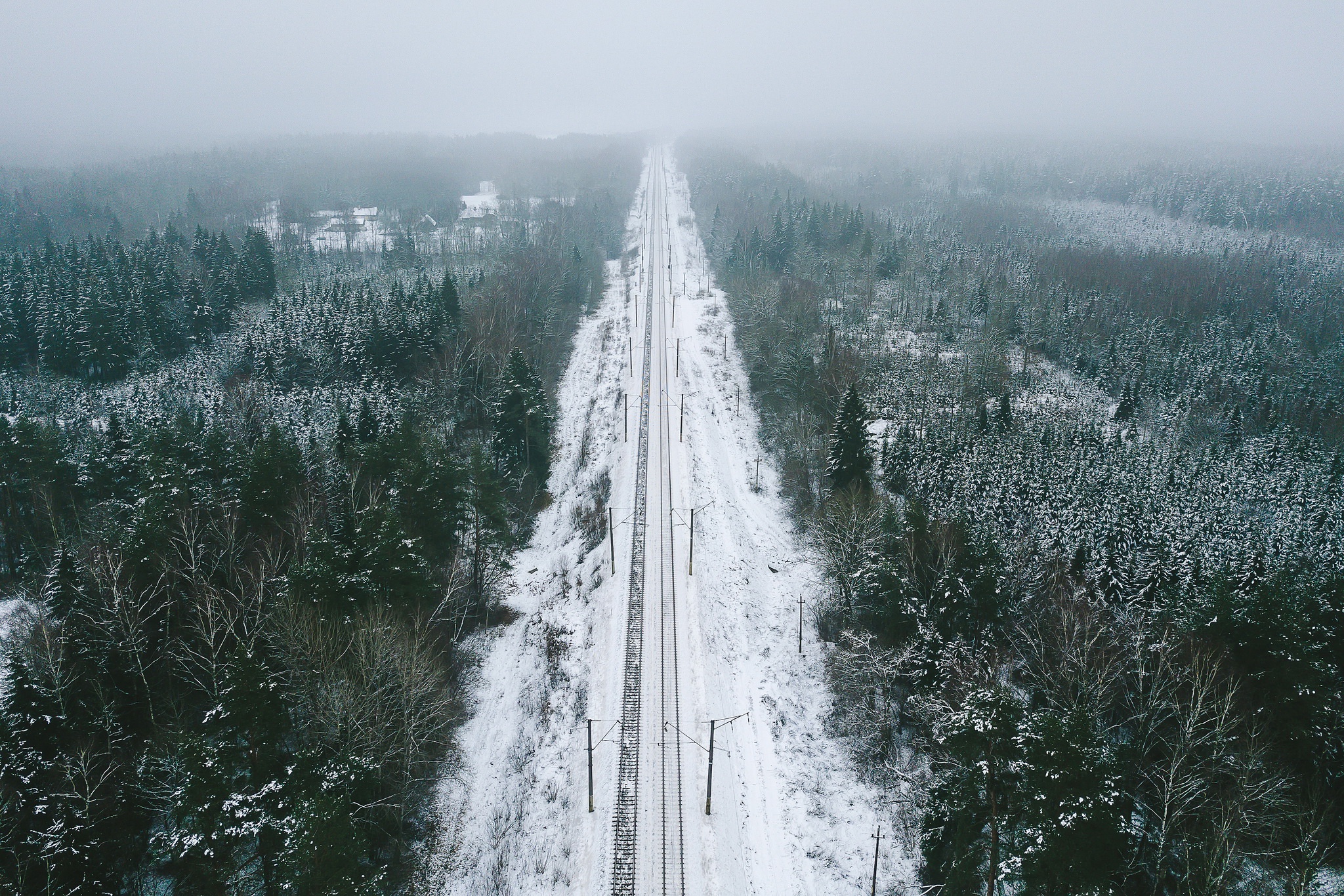 Download mobile wallpaper Landscape, Winter, Nature, Snow, Forest, Fog, Railroad, Man Made for free.