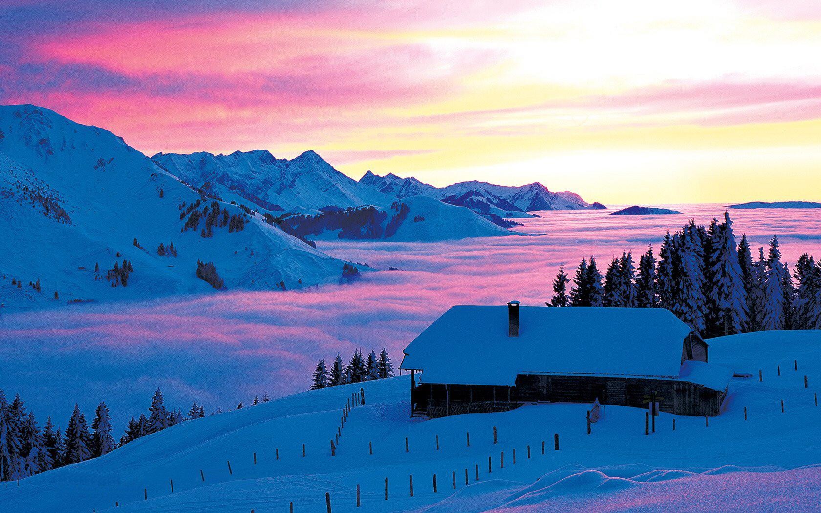 Download mobile wallpaper Landscape, Winter, Sunset, Snow, Mountain, Tree, House, Switzerland, Photography for free.