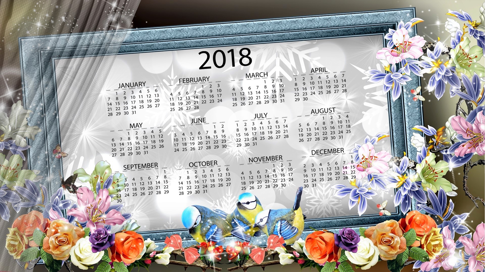Download mobile wallpaper Flower, Bird, Snowflake, Calendar, Misc, Sparkles for free.